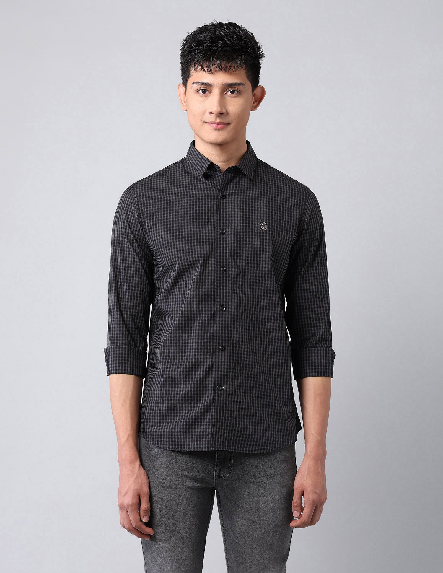 Pure Cotton Micro Checked Shirt Black - U.S. Polo Assn. India | Large