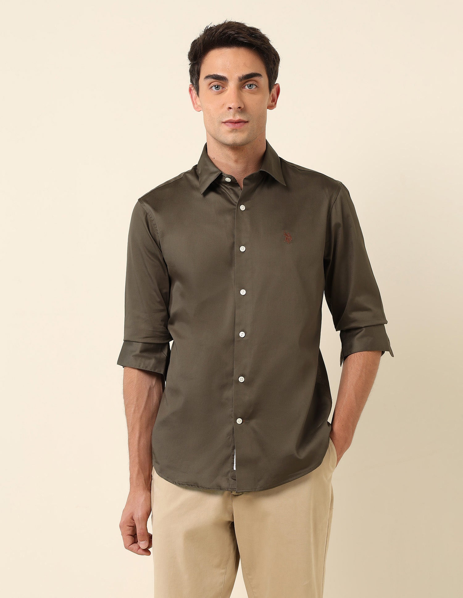 Tailored Fit Satin Pure Cotton Shirt Brown - U.S. Polo Assn. India | Large