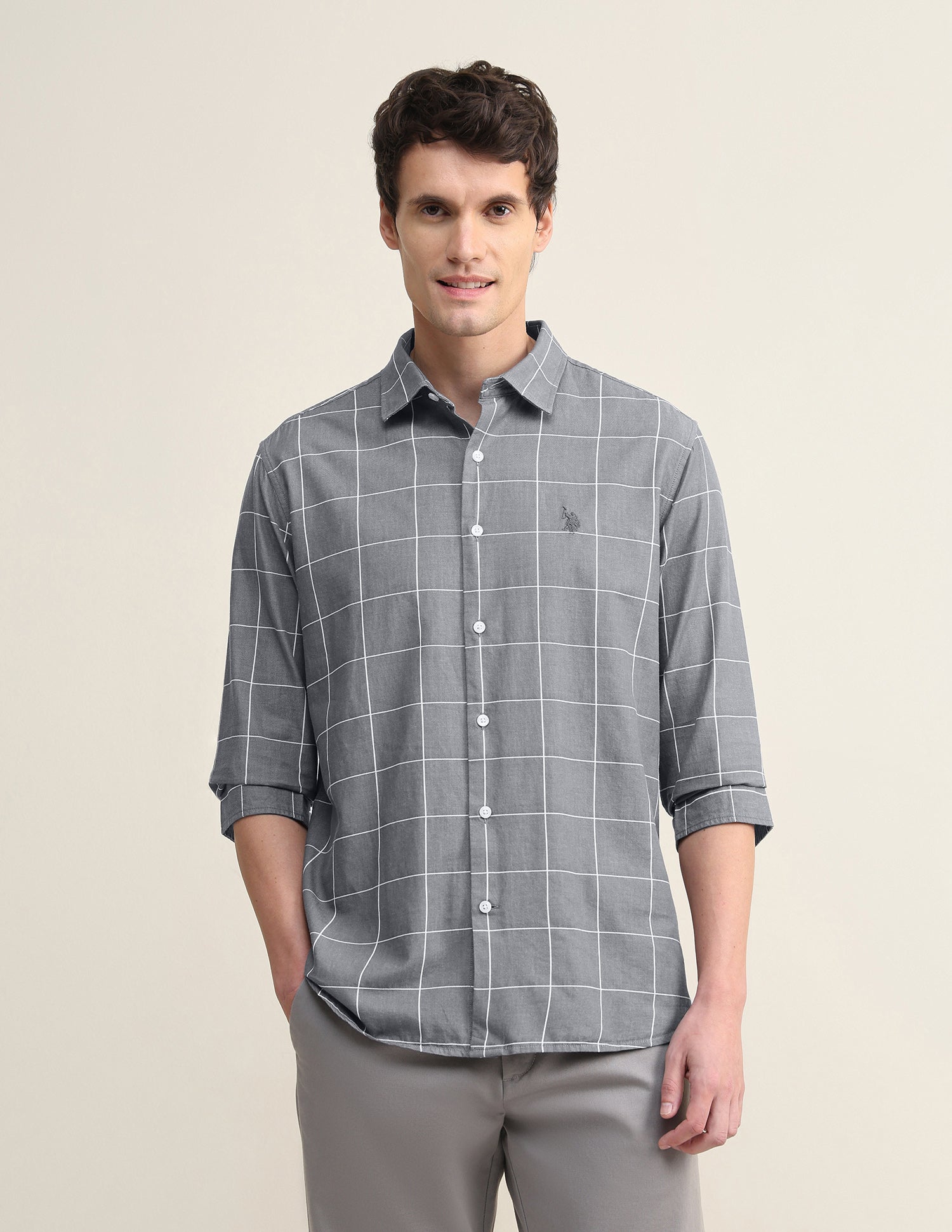 Windowpane Checked Twill Shirt Grey - U.S. Polo Assn. India | Large