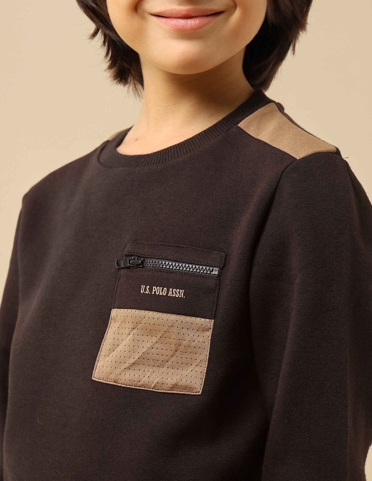 Boys Solid Regular Fit Sweatshirt Dark Brown - U.S. POLO ASSN. | Large