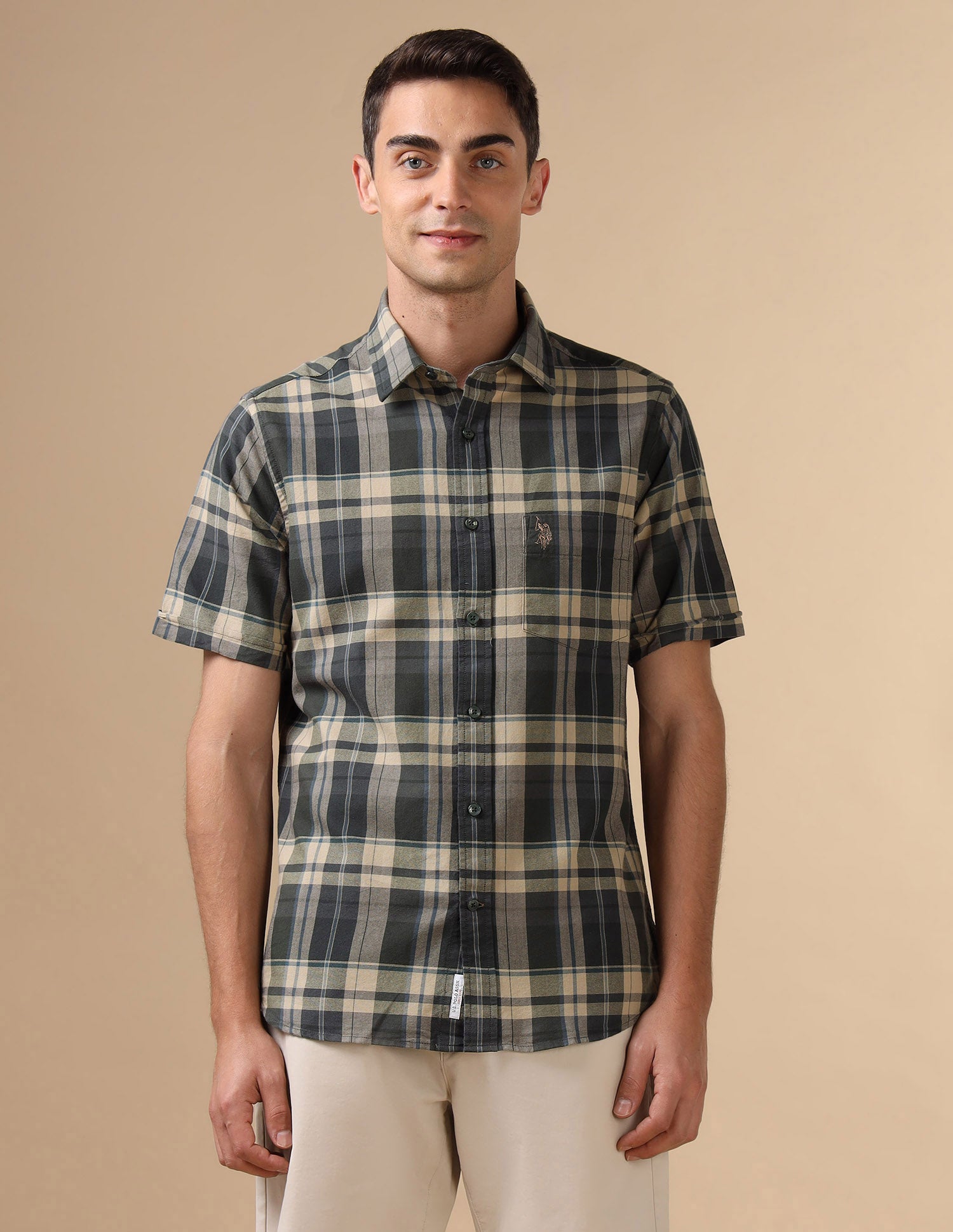 Pure Cotton Plaid Checked Oxford Shirt Olive - U.S. POLO ASSN. | Large