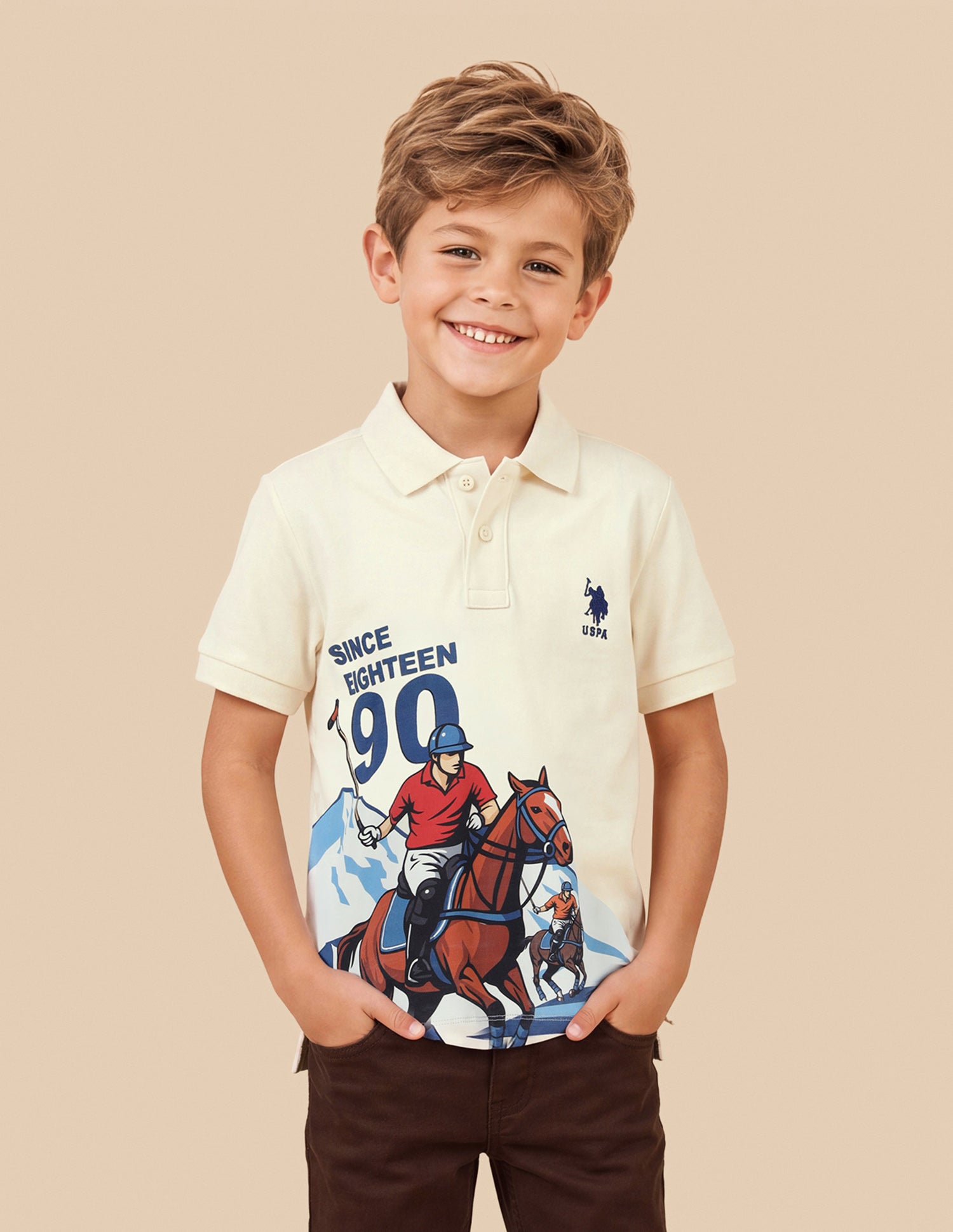 Graphic Brand Printed Regular Fit Polo Shirt Off White - U.S. Polo Assn. India | Large