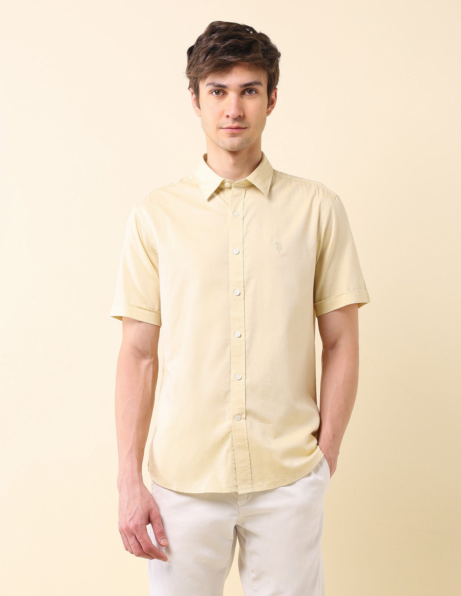 Solid Tailored Fit Pure Cotton Shirt Light Grey - U.S. Polo Assn. India | Large