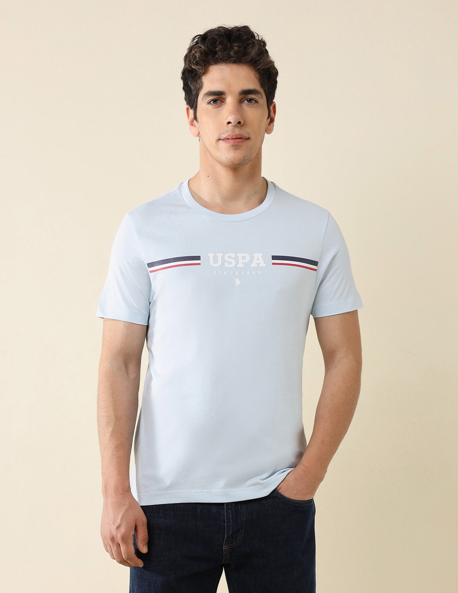 Brand Printed Pure Cotton T-Shirt Light Blue - U.S. POLO ASSN. | Large