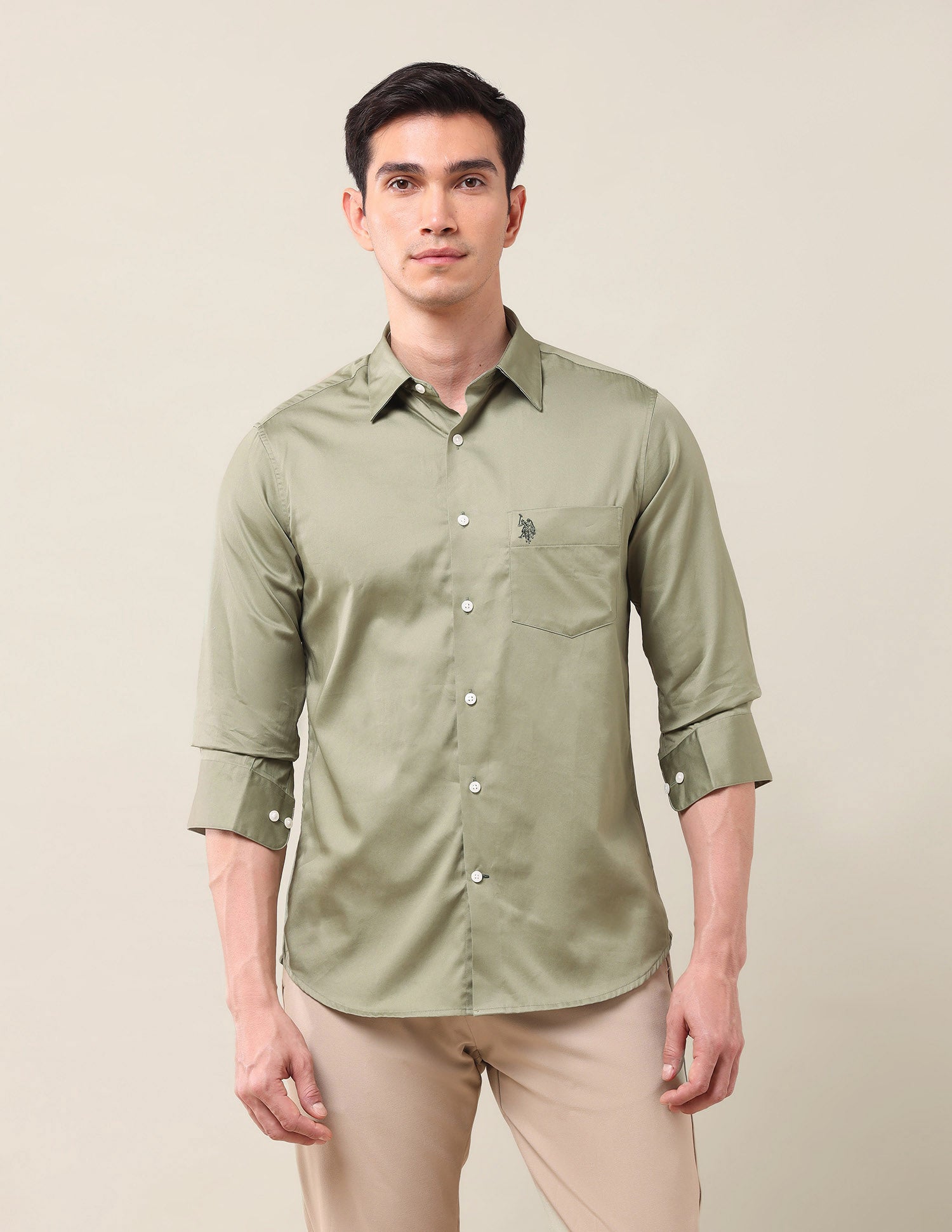 Tailored Fit Satin Shirt Light Olive - U.S. POLO ASSN. | Large