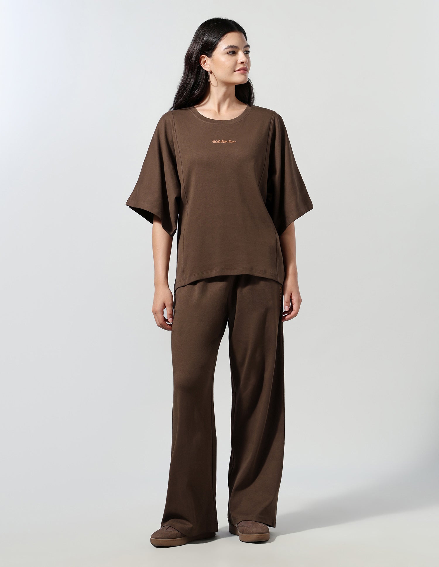 Solid T-Shirt With Wide Leg Track Pants Brown - U.S. Polo Assn. India | Large