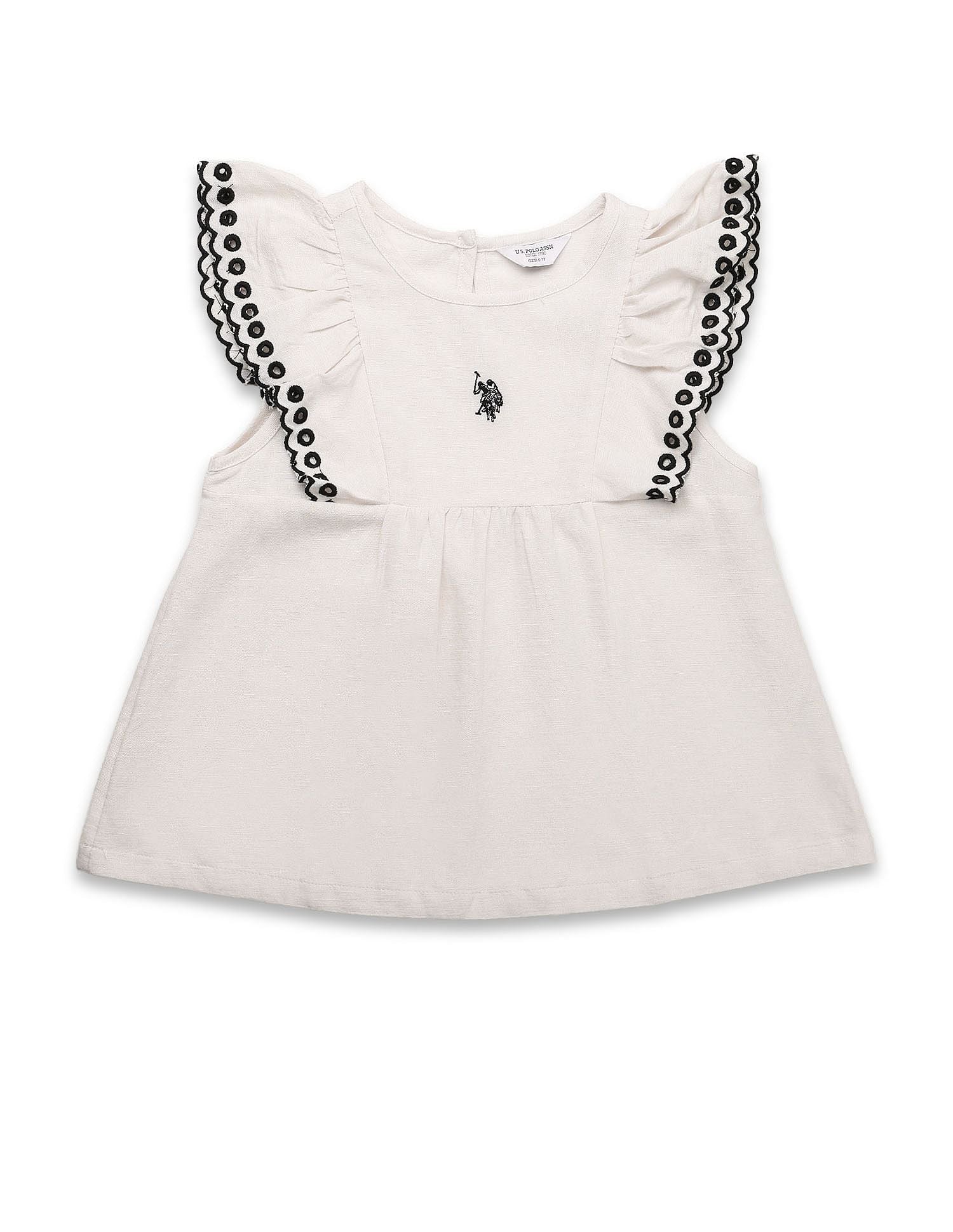 Girls Solid Embroidered Frill Top Ecru - U.S. POLO ASSN. | Large