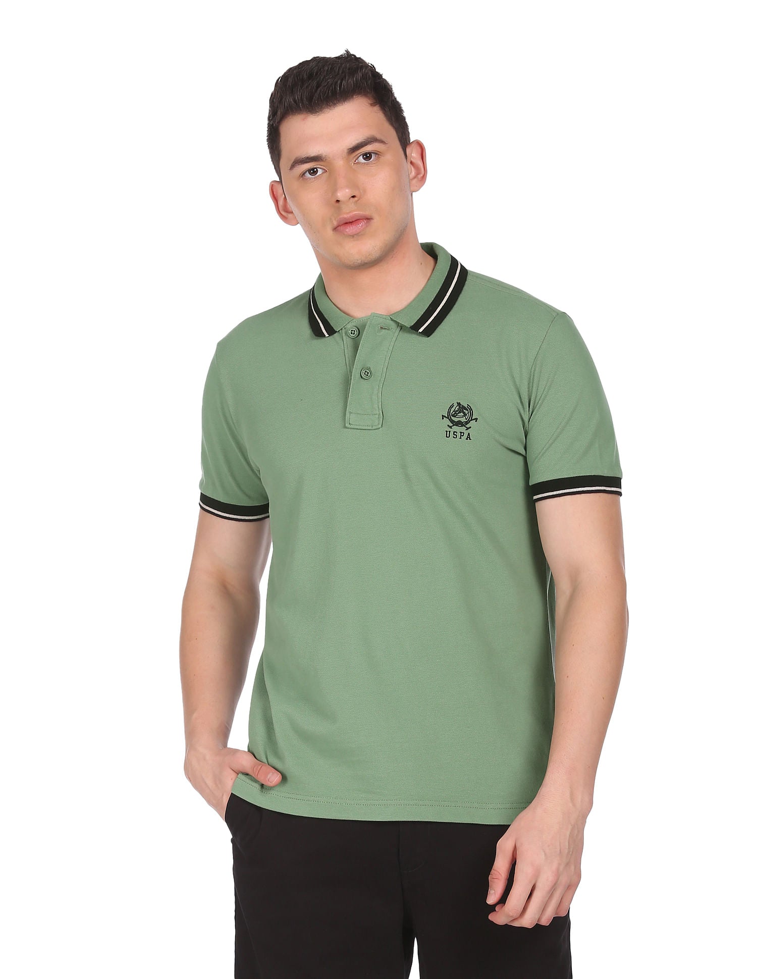 Men Light Olive Cotton Solid Polo Shirt Light Olive - U.S. Polo Assn. India | Large