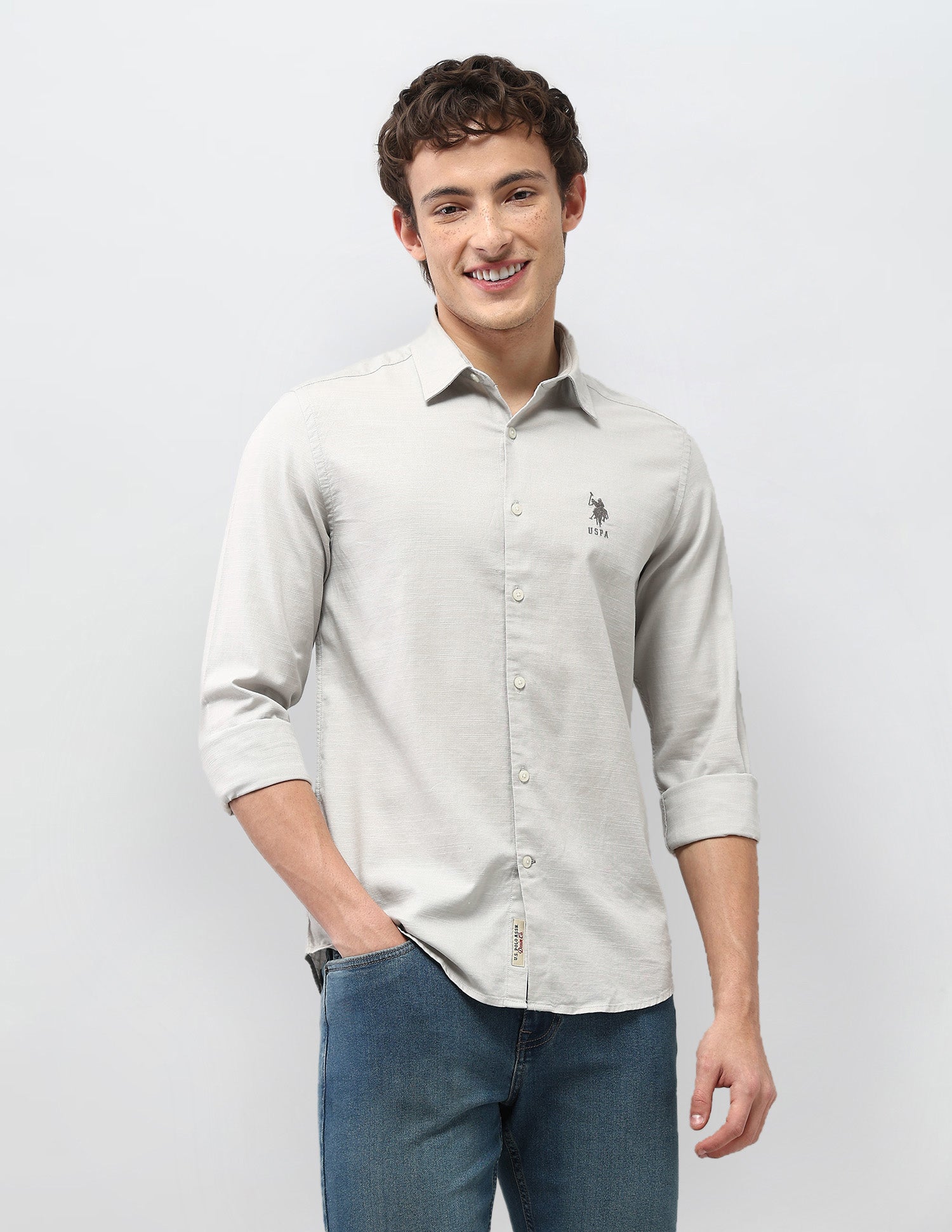 Motel On The Coast Solid Regular Fit Shirt Light Grey - U.S. Polo Assn. India | Large