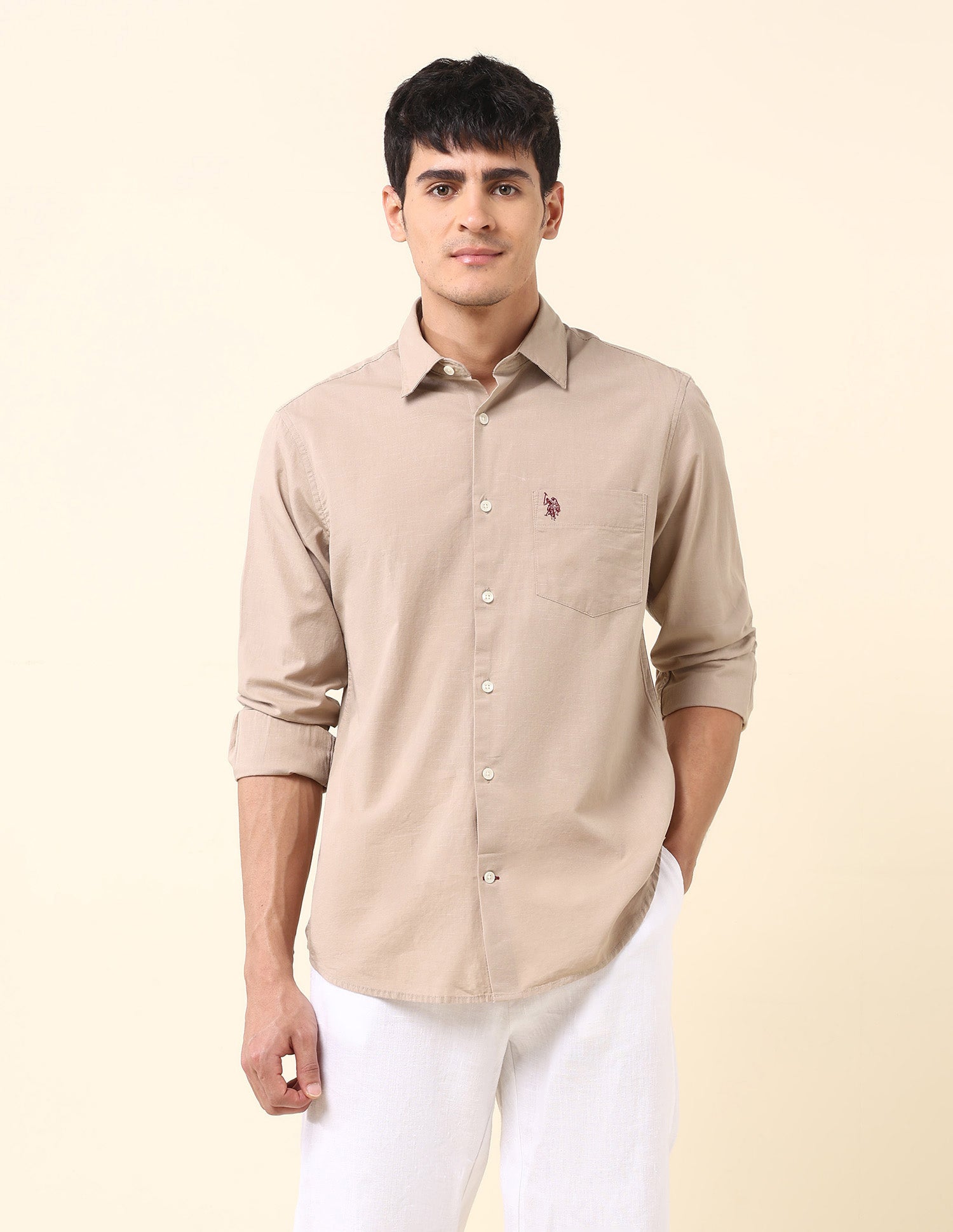 Solid Twill Tailored Fit Shirt Light Khaki - U.S. Polo Assn. India | Large