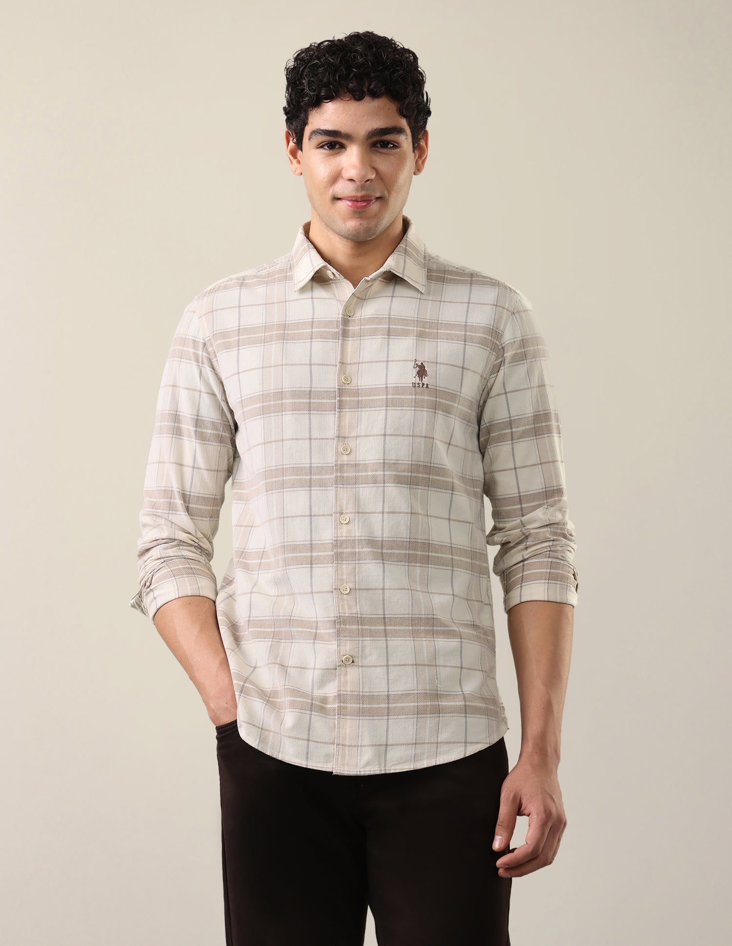 Corduroy Grid Tattersall Checked Shirt Beige - U.S. Polo Assn. India | Large