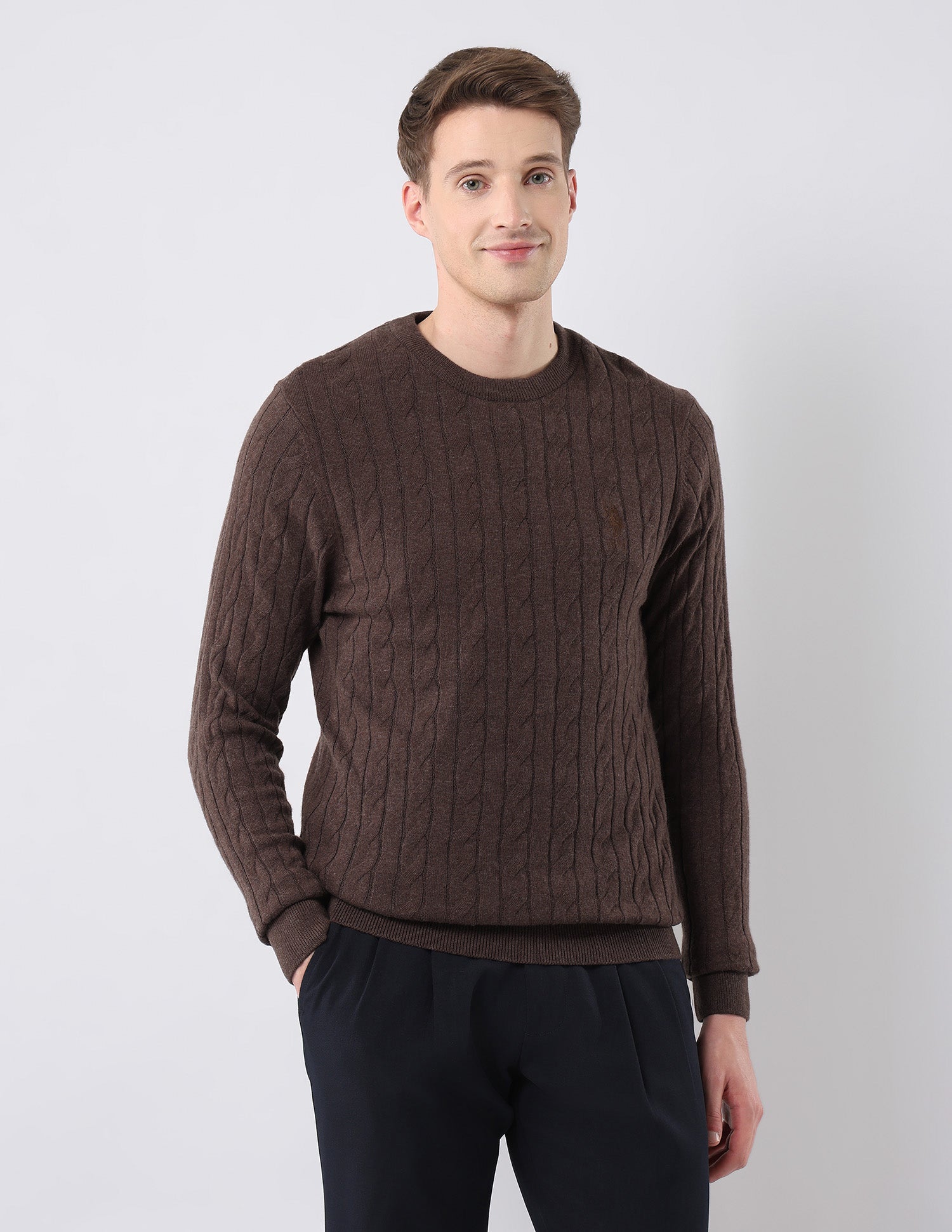 Cable Patterned Knit Regular Fit Sweater Brown - U.S. POLO ASSN. | Large