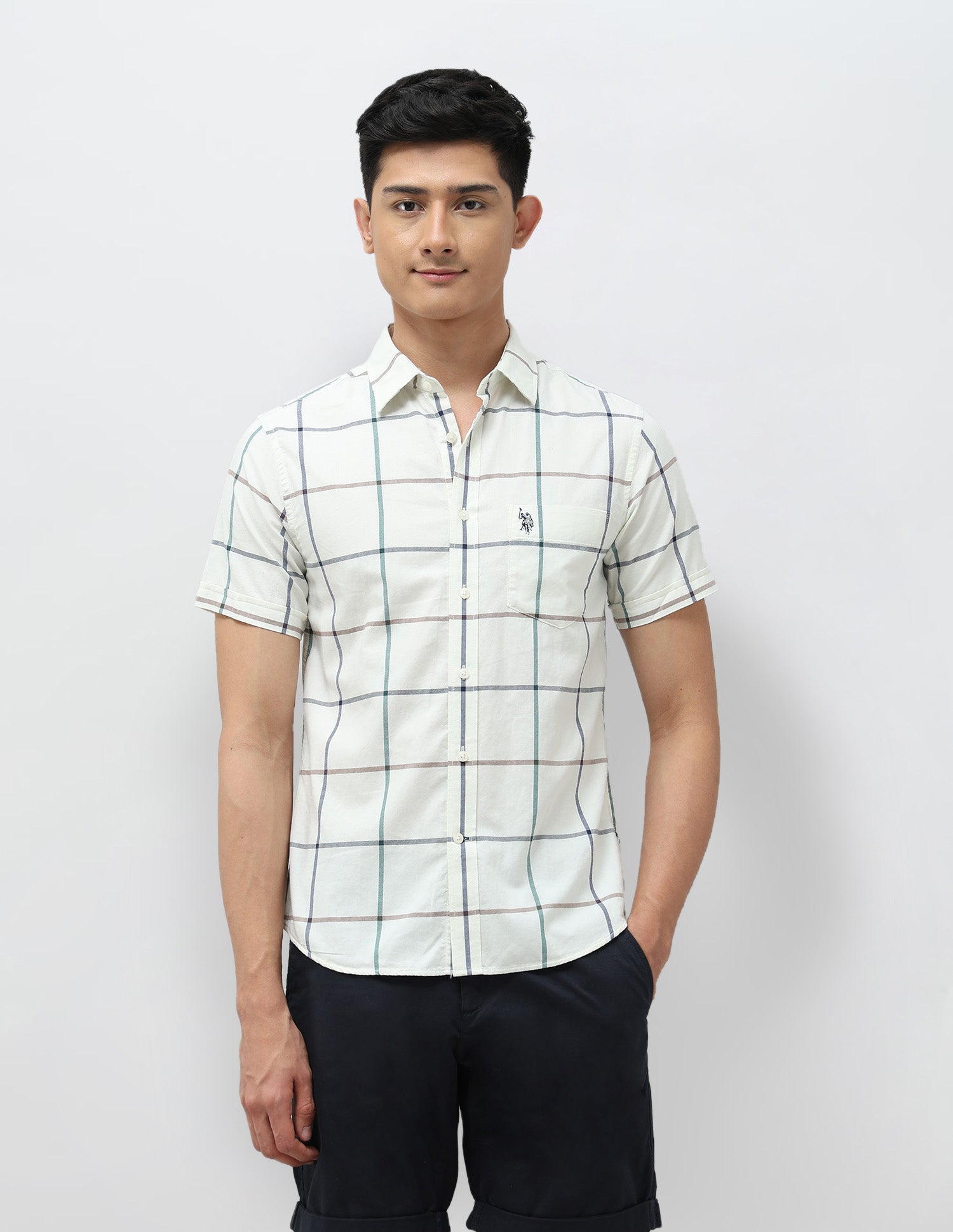 Windowpane Checked Tailored Fit Shirt Ivory - U.S. POLO ASSN. | Large