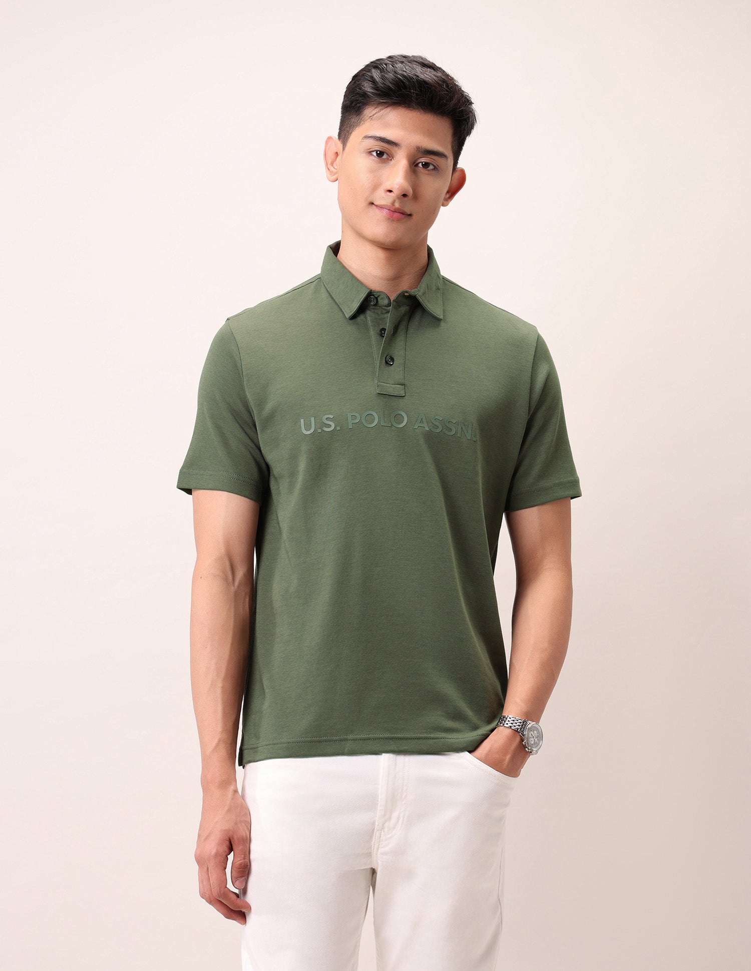 Brand Embossed Outdoor Polo Shirt Olive - U.S. Polo Assn. India | Large