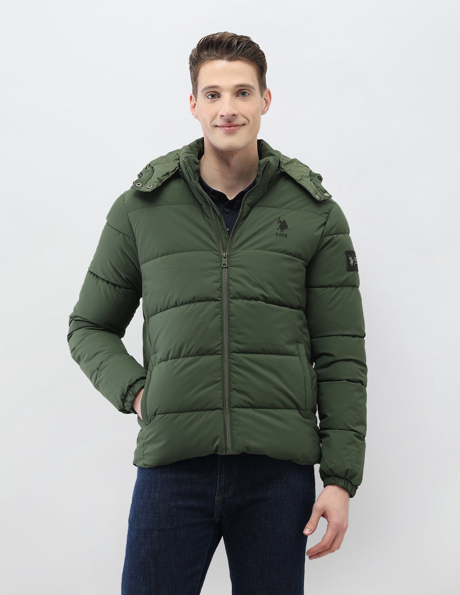 Detachable Hood Puffer Jacket Olive - U.S. Polo Assn. India | Large