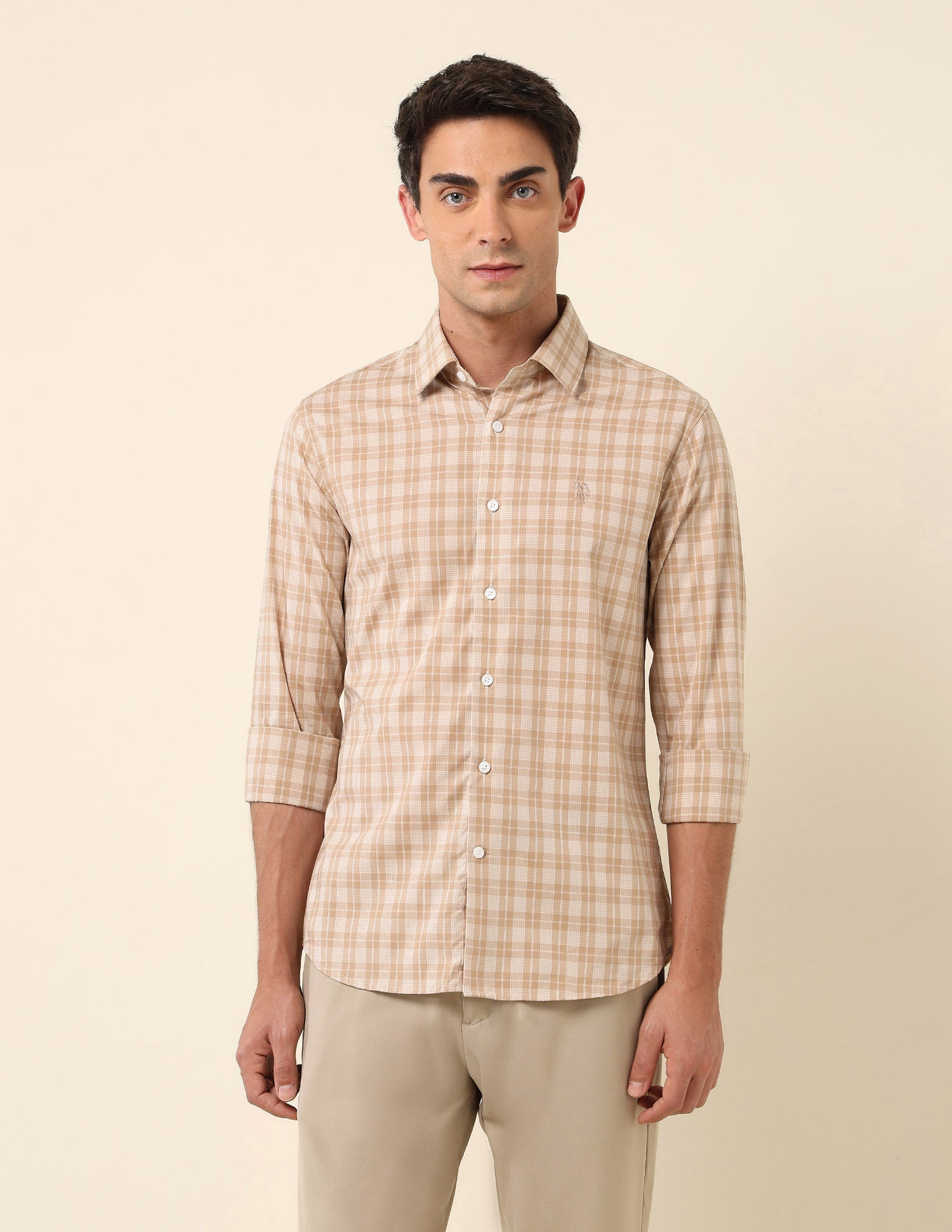 Grid Tattersall Checked Tailored Fit Shirt Beige - U.S. Polo Assn. India | Large