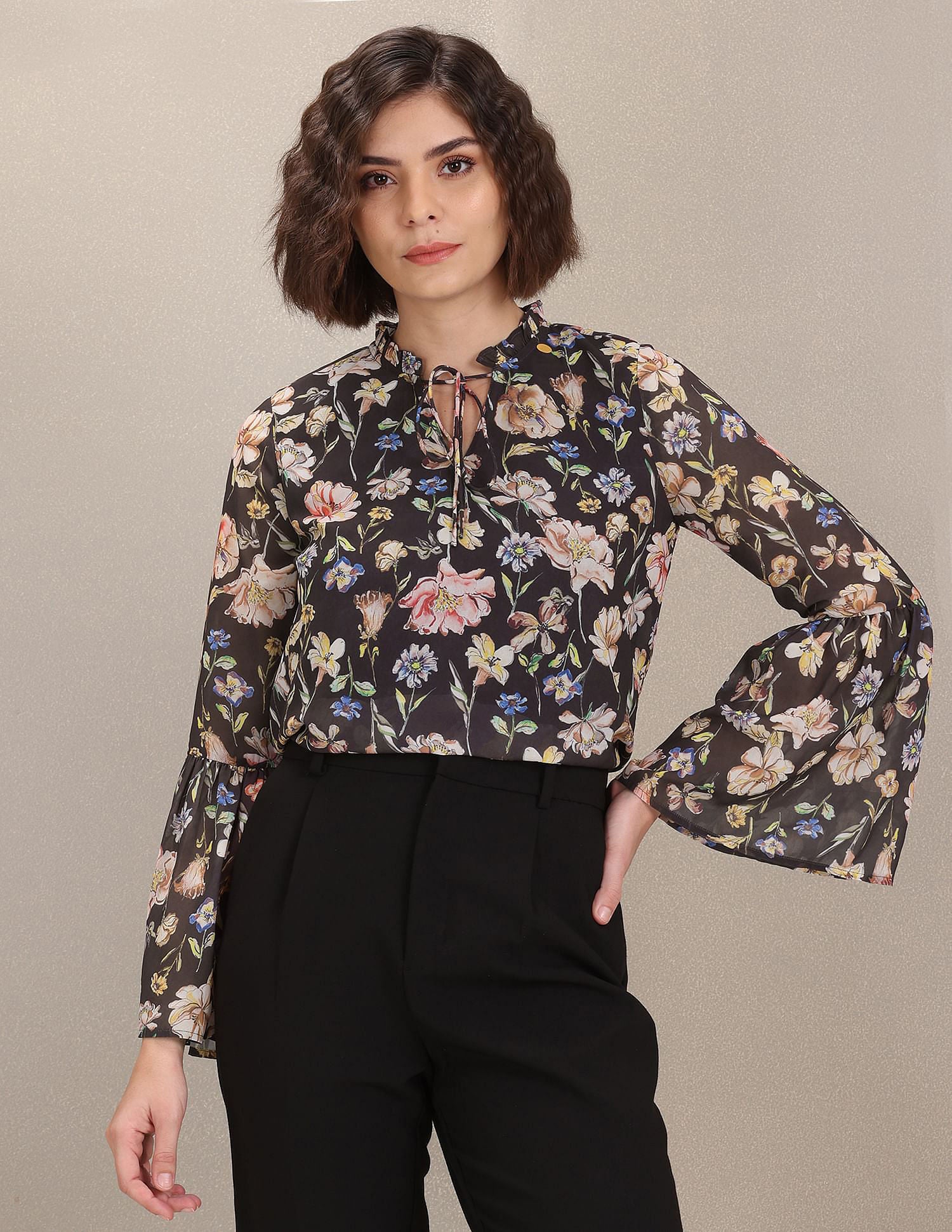 Floral Print Bell Sleeve Top Black - U.S. Polo Assn. India | Large