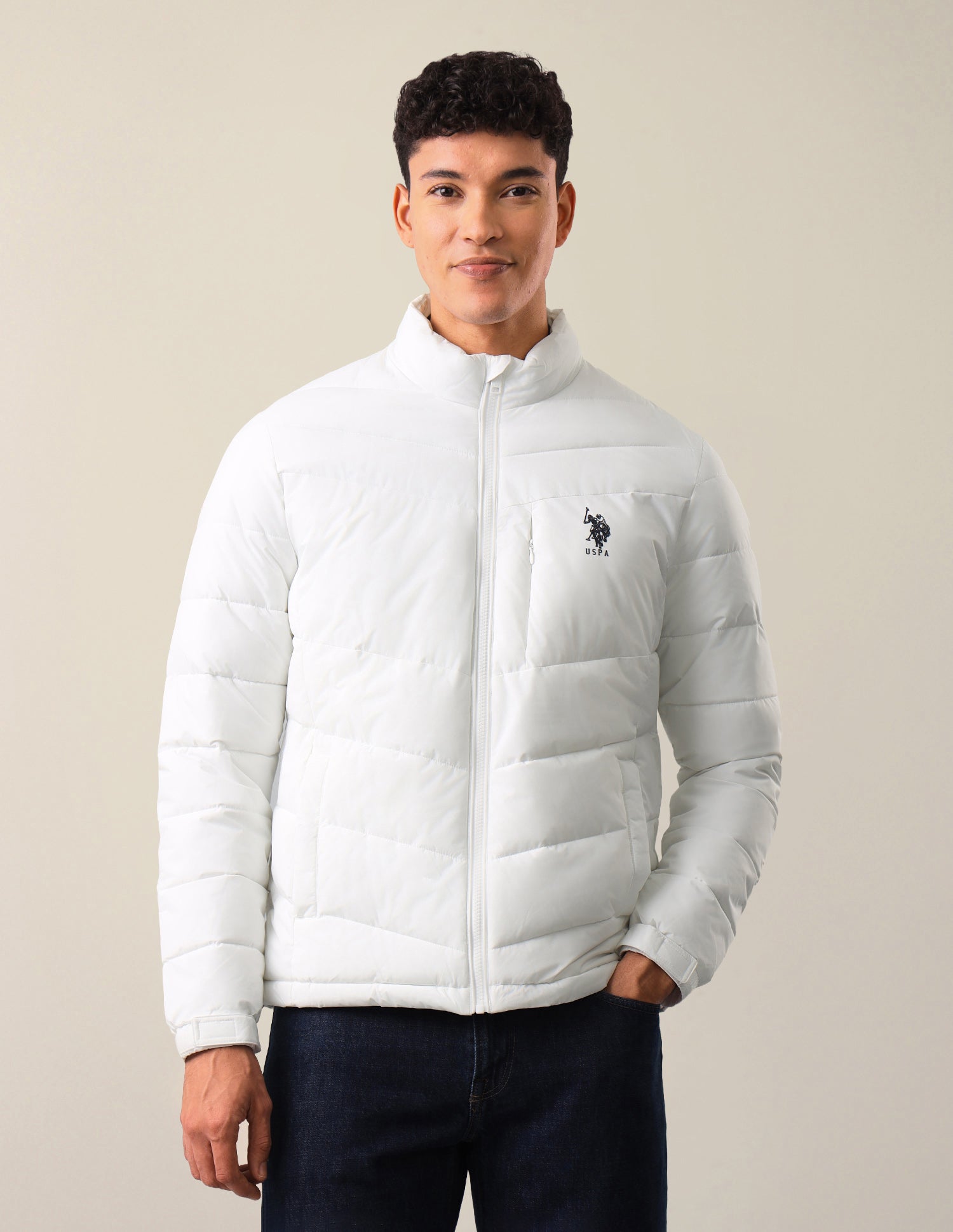 Solid Regular Fit Puffer Jacket White - U.S. Polo Assn. India | Large