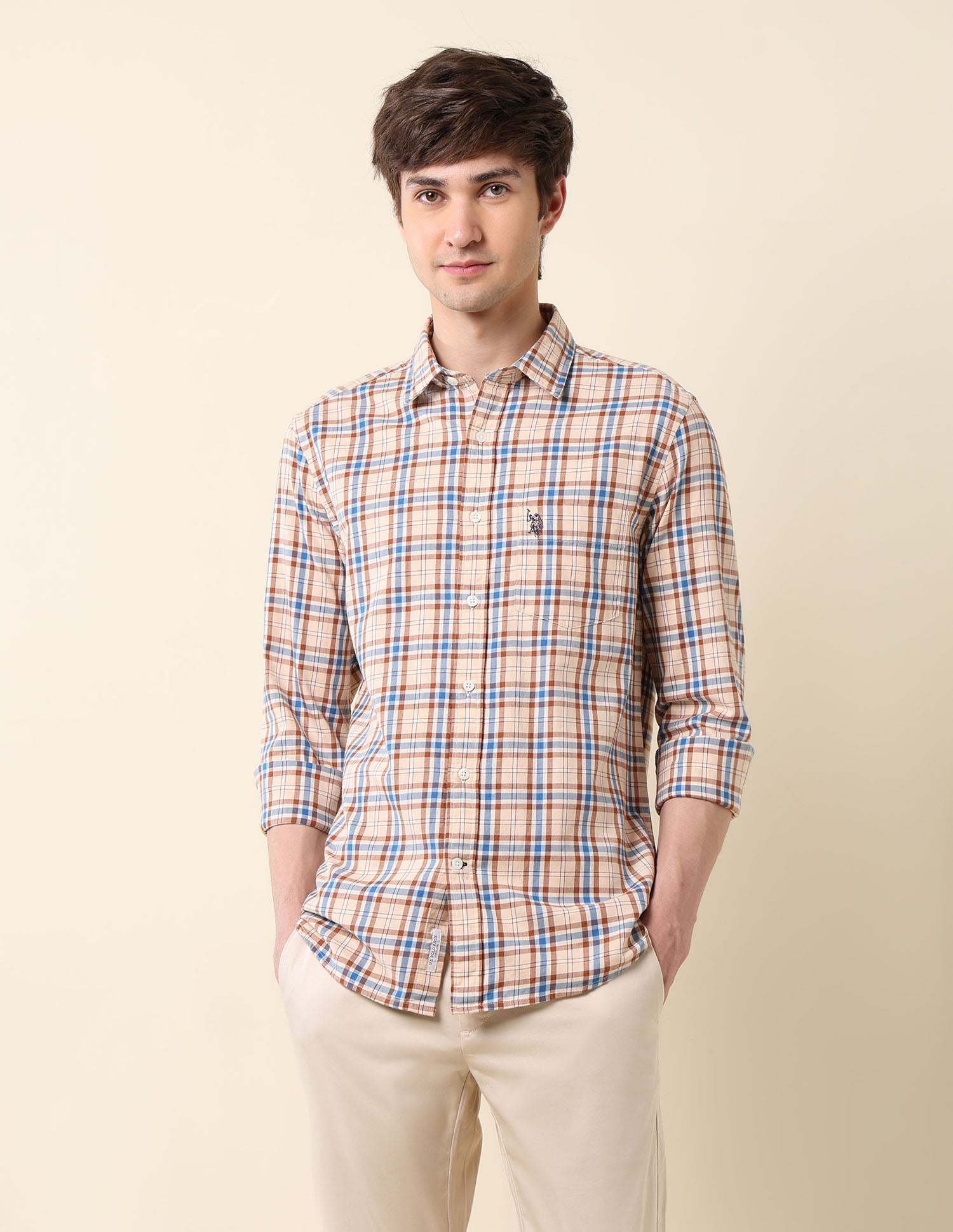 Tartan Checked Pure Cotton Shirt Light Orange - U.S. Polo Assn. India | Large