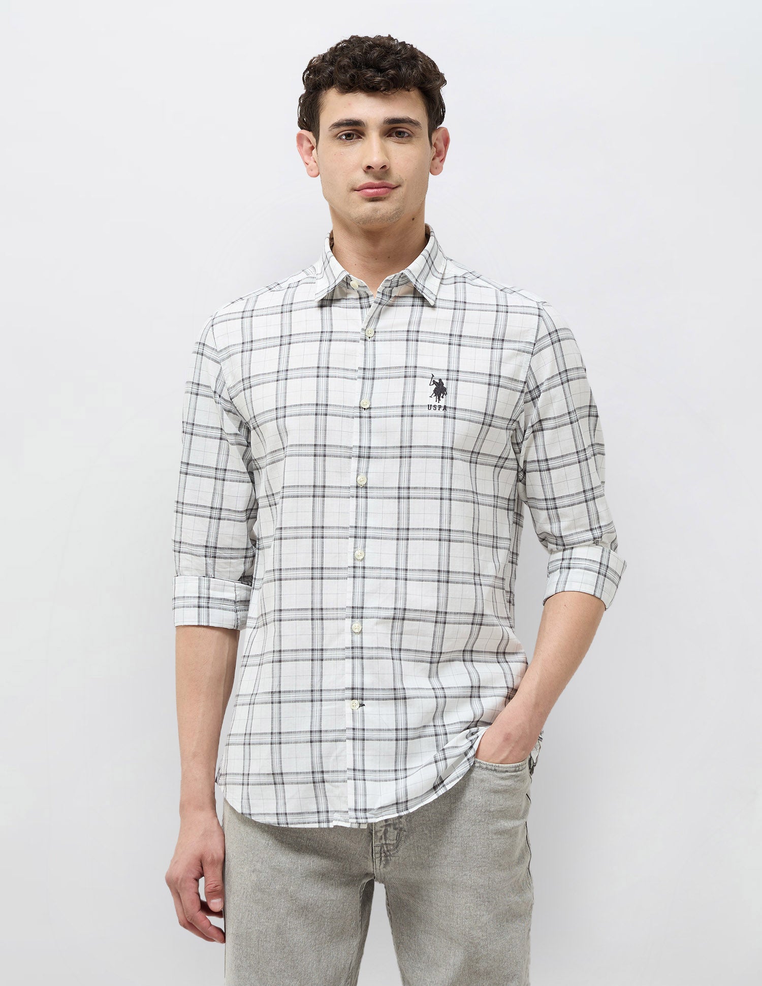 Regular Fit Grid Tattersall Checked Shirt Off White - U.S. POLO ASSN. | Large