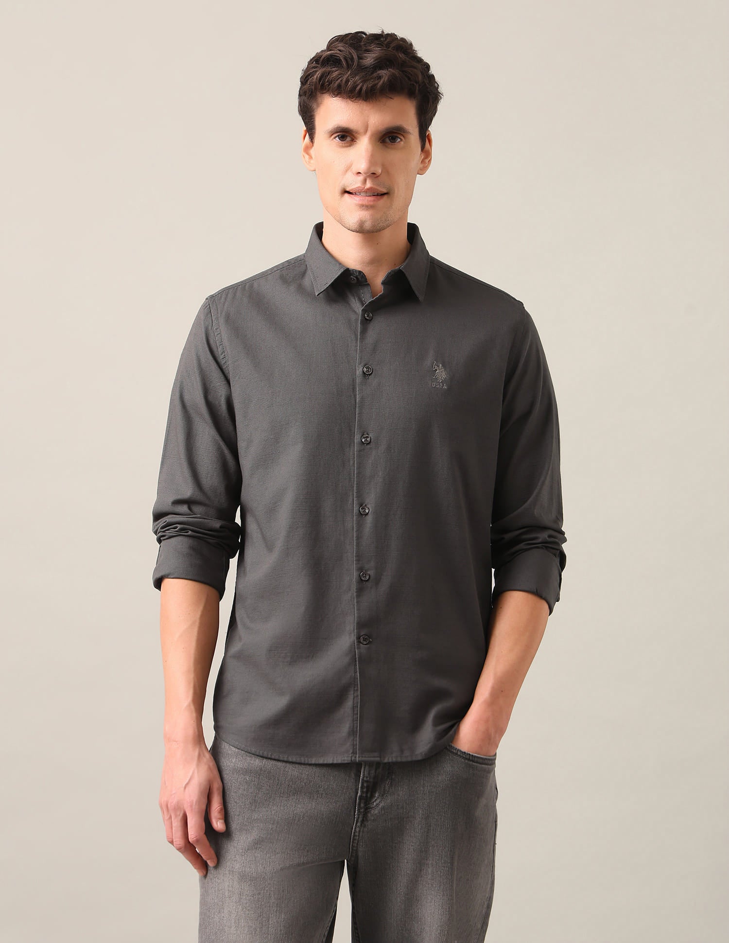 Solid Regular Fit Shirt Grey - U.S. Polo Assn. India | Large