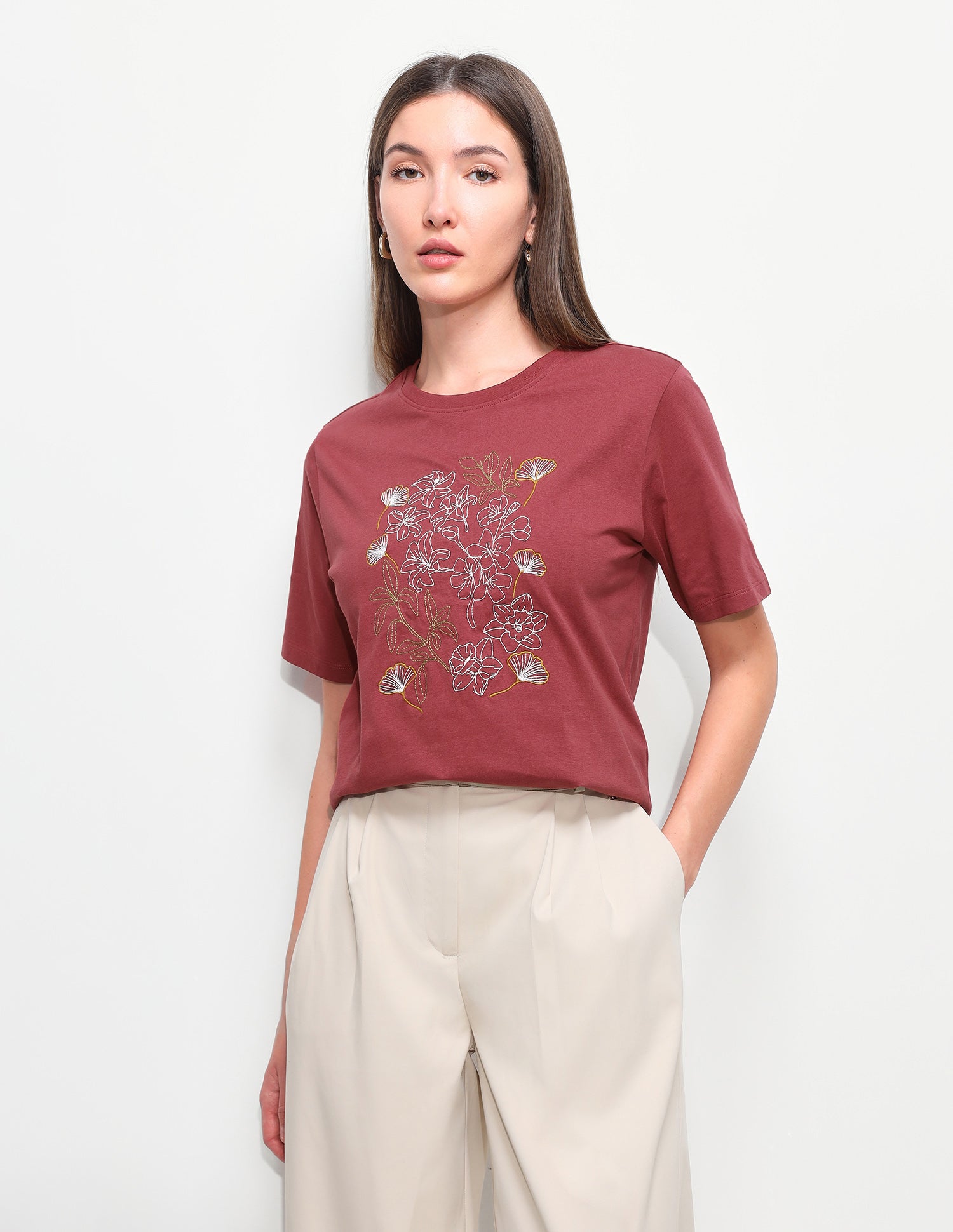 Floral Embroidered Boxy Fit T-Shirt Maroon - U.S. Polo Assn. India | Large