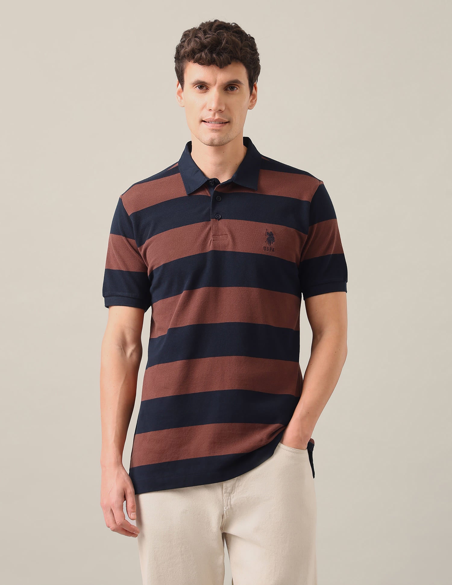 Horizontal Striped Slim Fit Polo Shirt Brown - U.S. Polo Assn. India | Large