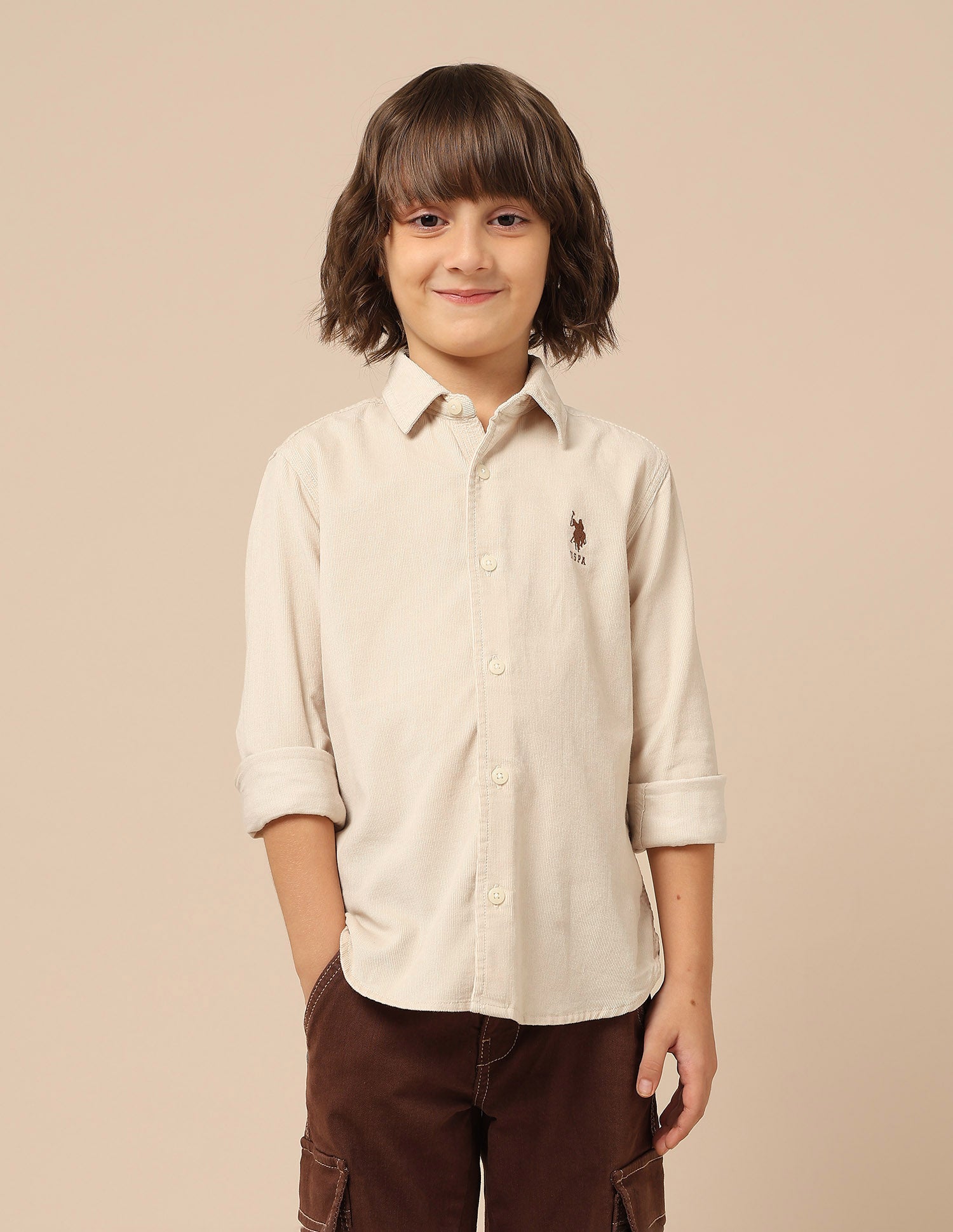 Boys Corduroy Regular Fit Shirt Off White - U.S. POLO ASSN. | Large