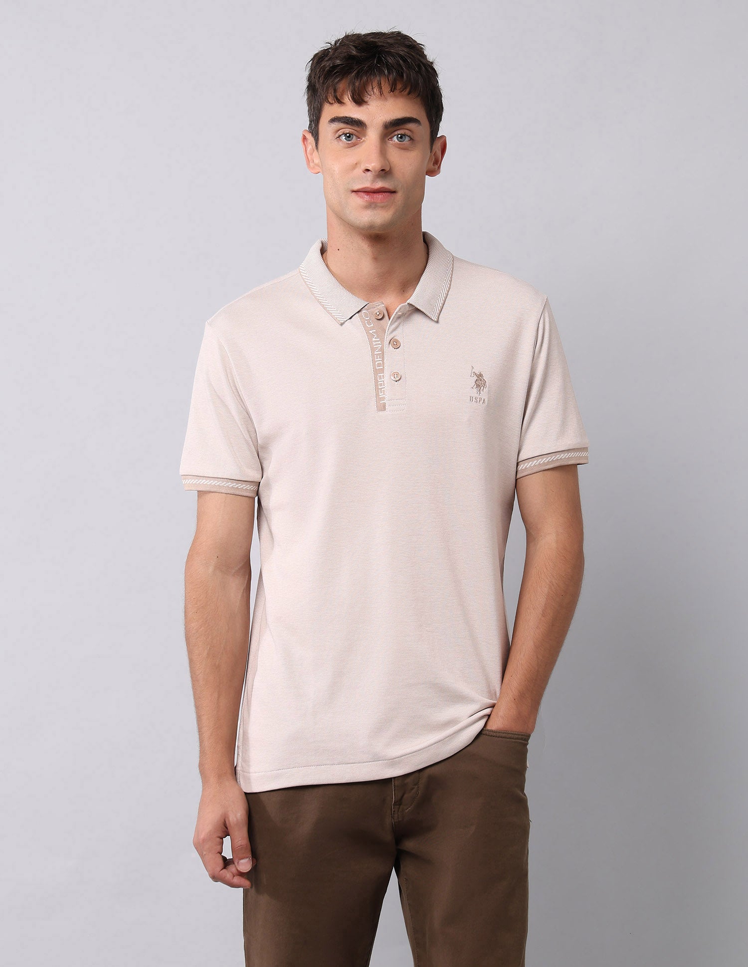 Textured Slim Fit Polo Shirt Beige - U.S. POLO ASSN. | Large