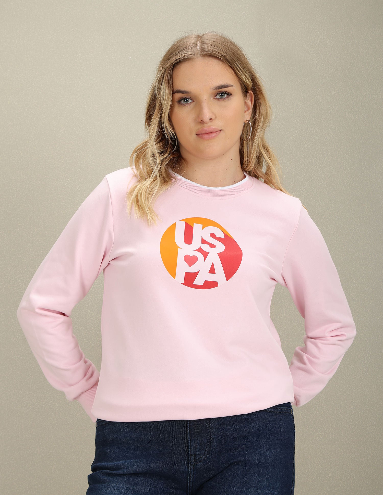Crew Neck Brand Print Sweatshirt Pink - U.S. Polo Assn. India | Large
