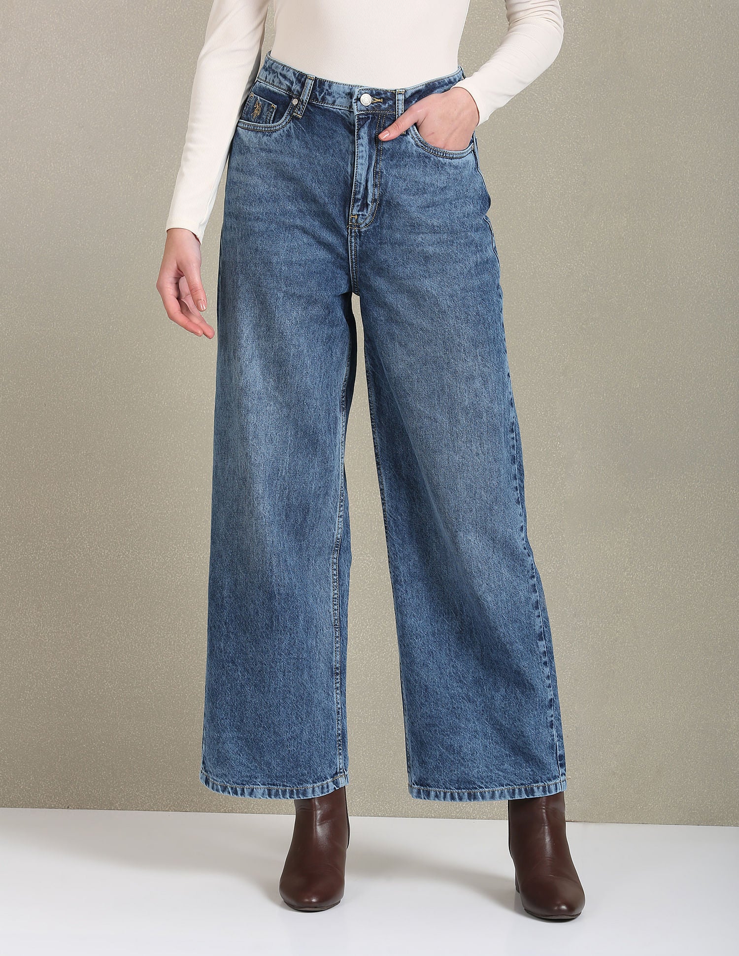 Wide Leg Mid Rise Jeans Blue - U.S. POLO ASSN. | Large