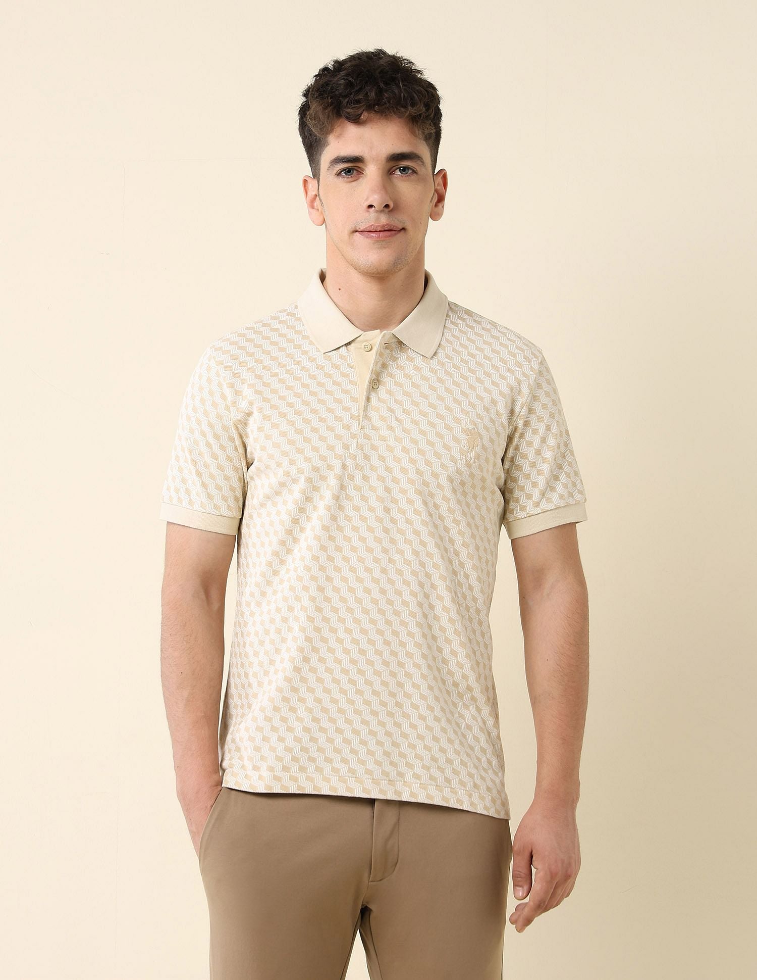 All-Over Printed Slim Fit Polo Shirt Beige - U.S. Polo Assn. India | Large