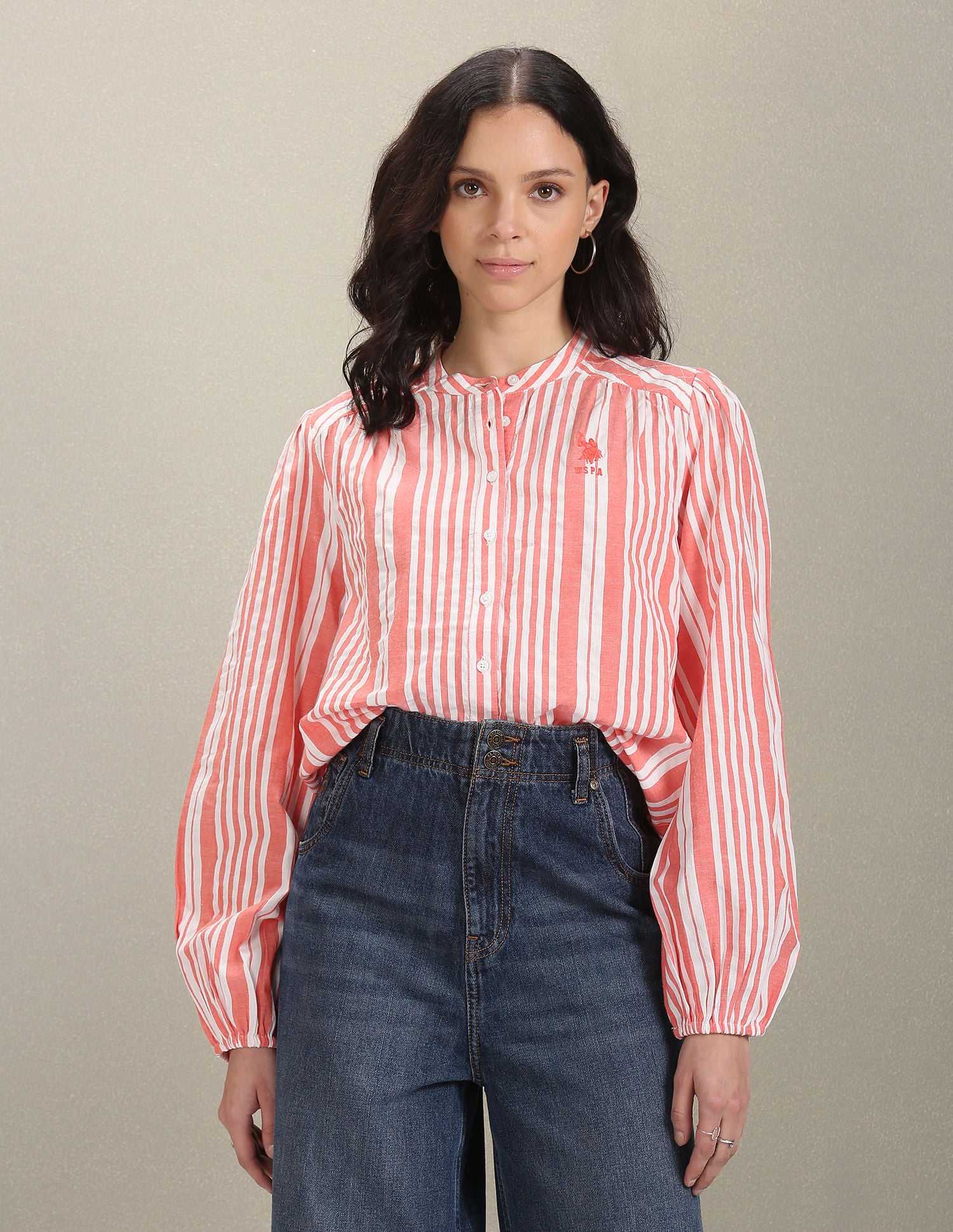 Vertical Stripe Oxford Shirt White and Orange - U.S. POLO ASSN. | Large