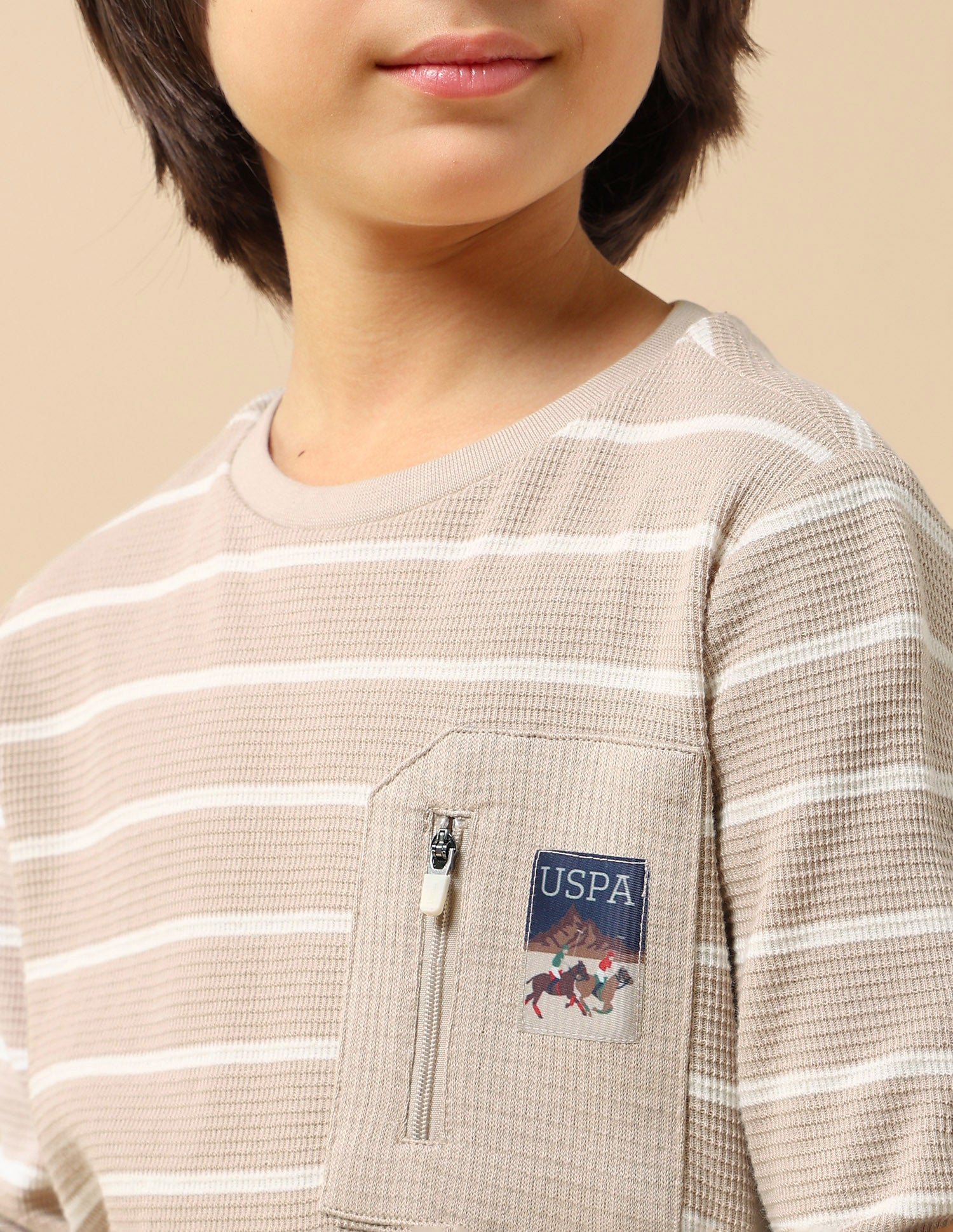 Boys Horizontal Striped Regular Fit T-Shirt Beige - U.S. POLO ASSN. | Large