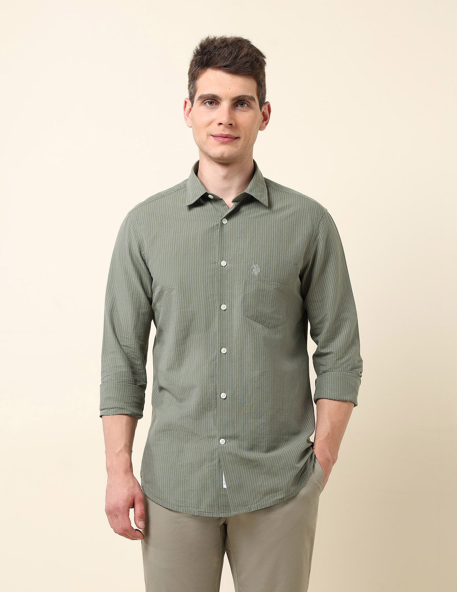 Pinstriped Tailored Fit Shirt Light Green - U.S. Polo Assn. India | Large