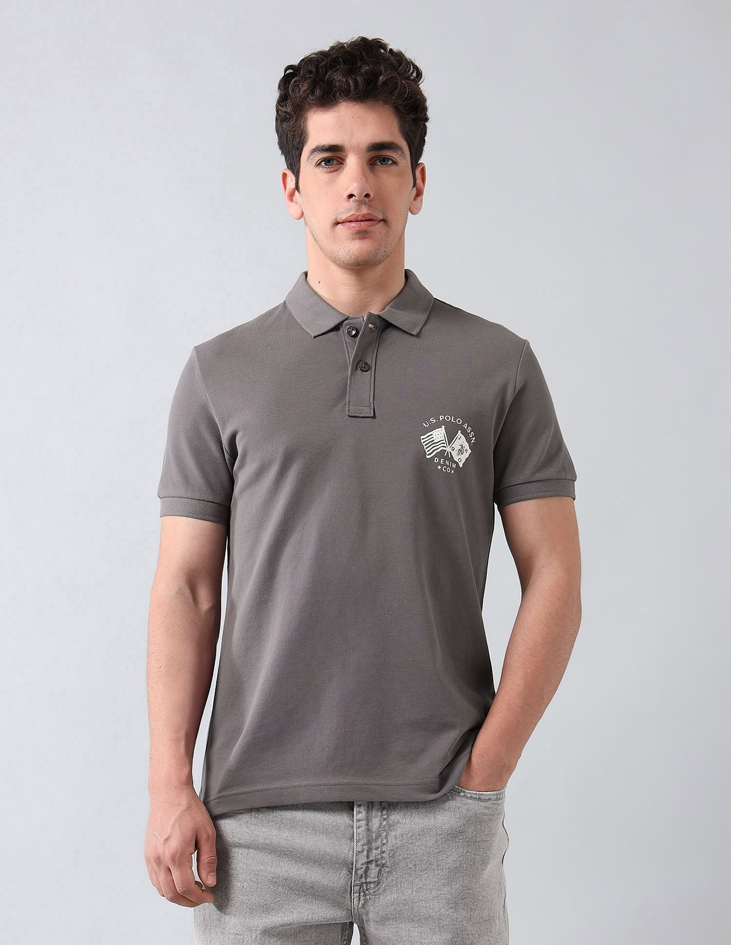 Muscle Fit Brand Printed Polo Shirt Dark Grey - U.S. Polo Assn. India | Large