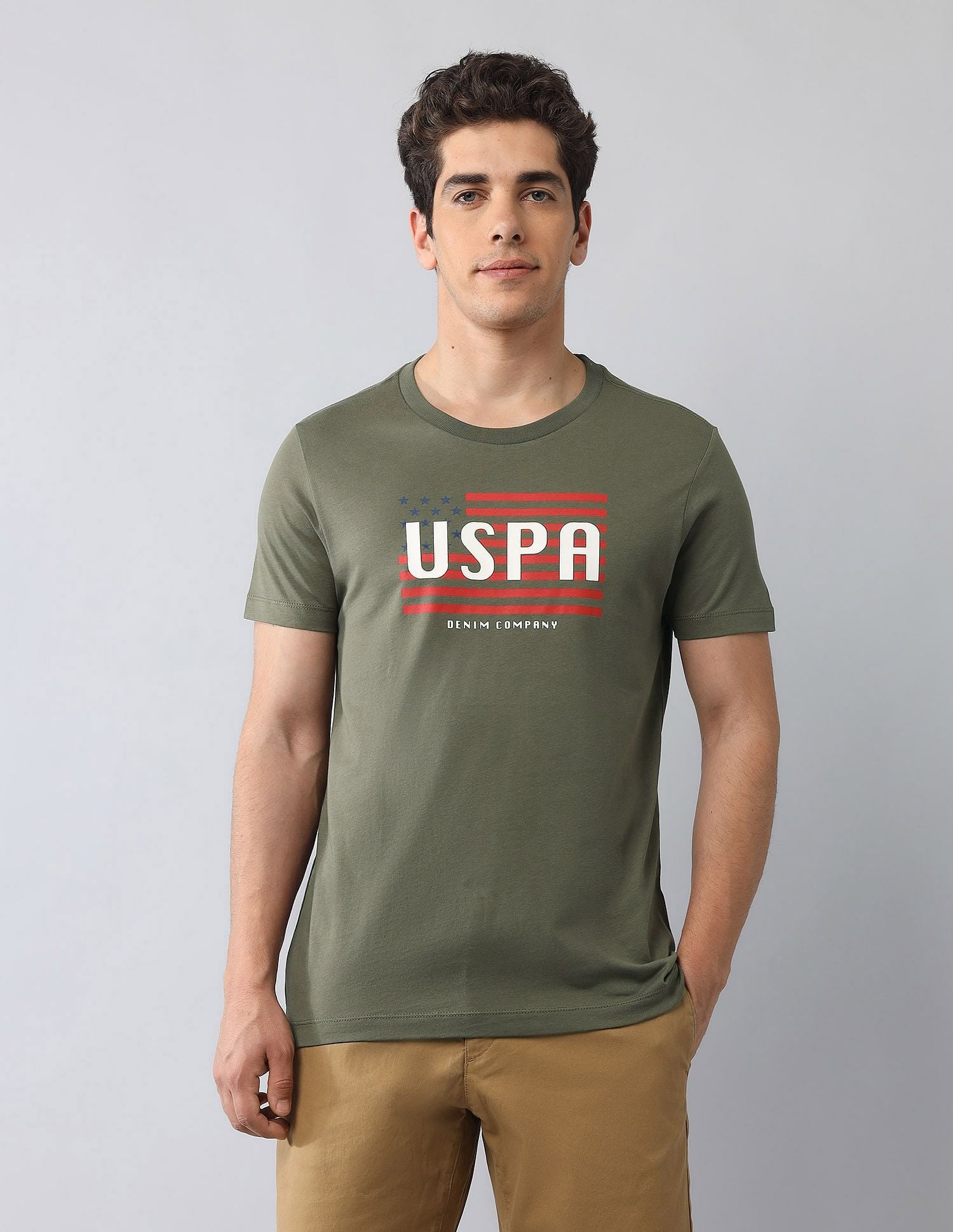 Muscle Fit Brand Printed T-Shirt Light Olive - U.S. Polo Assn. India | Large