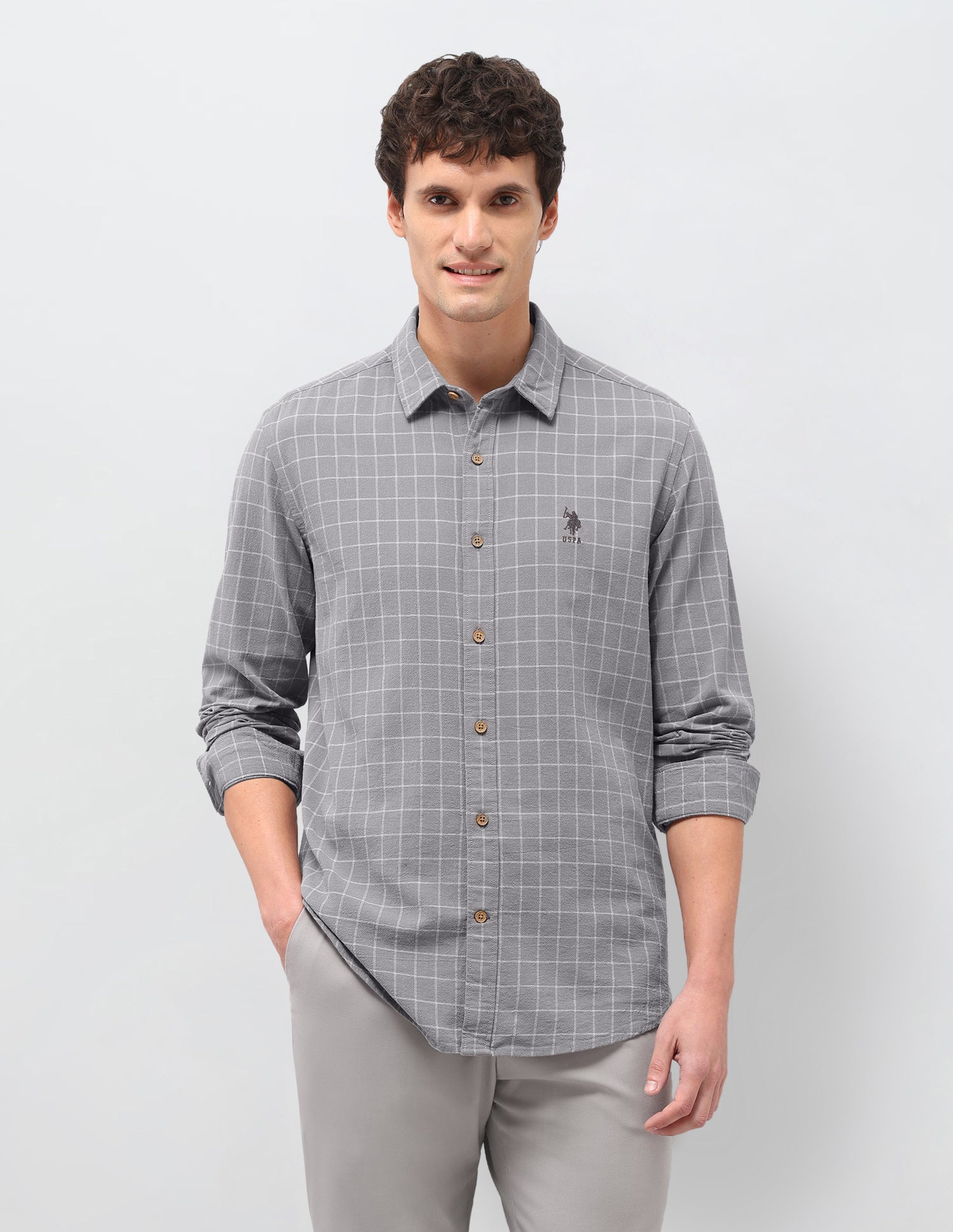 Windowpane Checked Regular Fit Shirt Grey - U.S. Polo Assn. India | Large