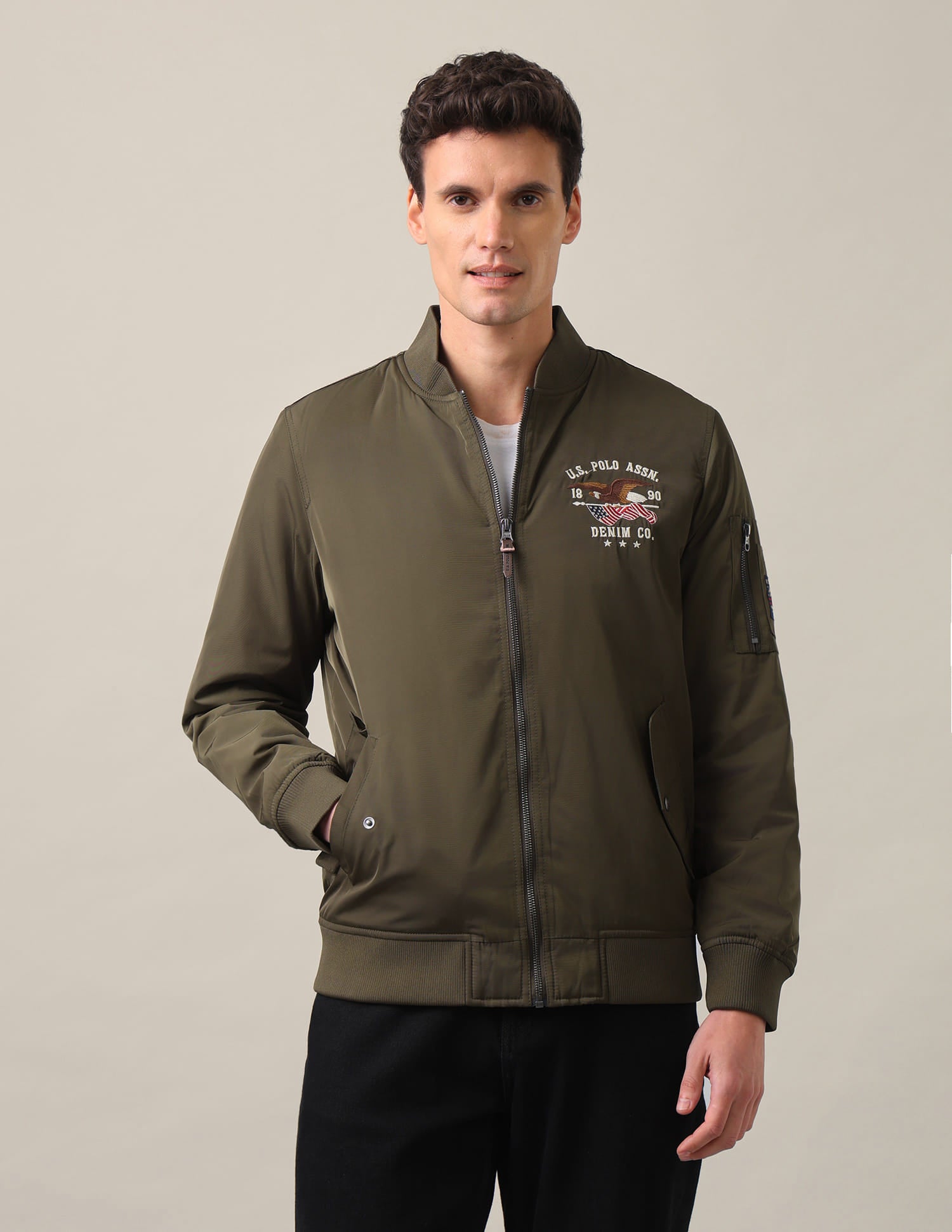 Stand Collar Brand Embroidered Polyester Bomber Jacket Olive - U.S. Polo Assn. India | Large