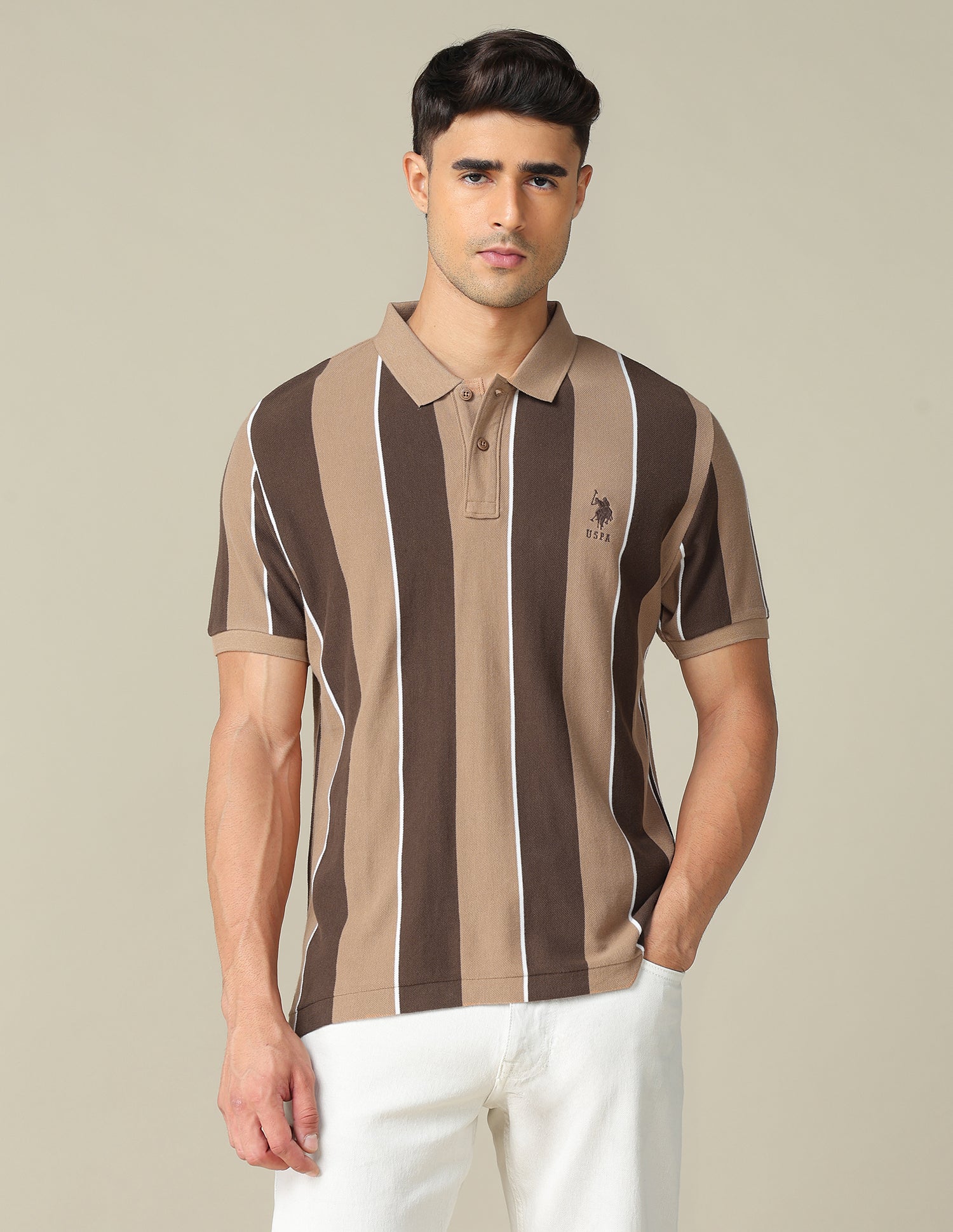 Vertical Striped Regular Fit Polo Shirt Beige - U.S. POLO ASSN. | Large