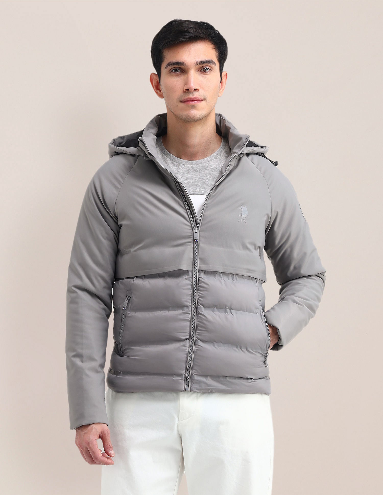 Solid Hooded Puffer Jacket Grey - U.S. Polo Assn. India | Large
