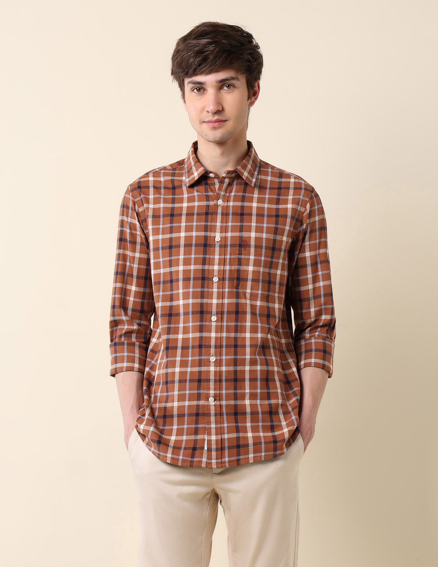 Grid Tattersall Checked Pure Cotton Shirt Rust - U.S. Polo Assn. India | Large