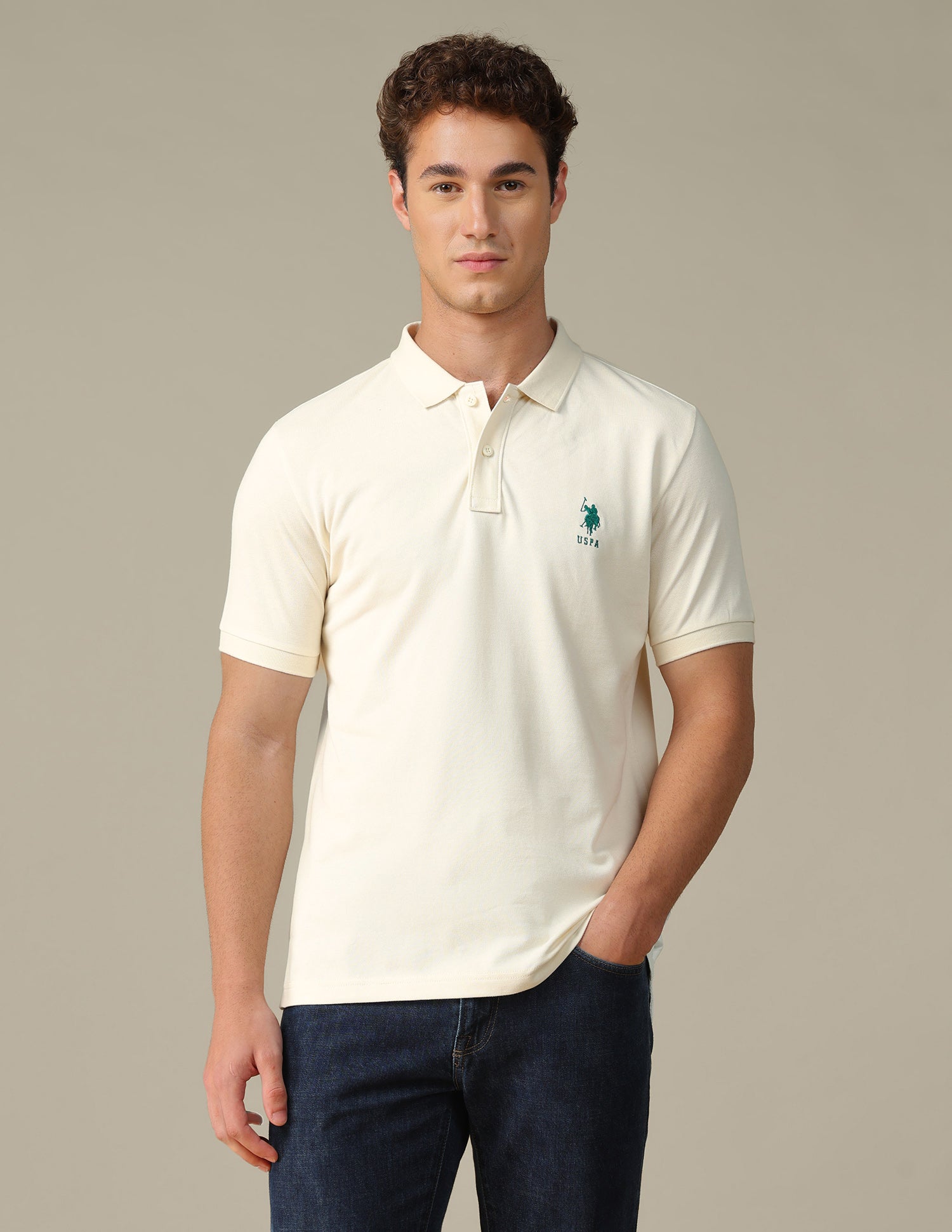 Graphic Brand Printed Regular Fit Polo Shirt Off White - U.S. Polo Assn. India | Large