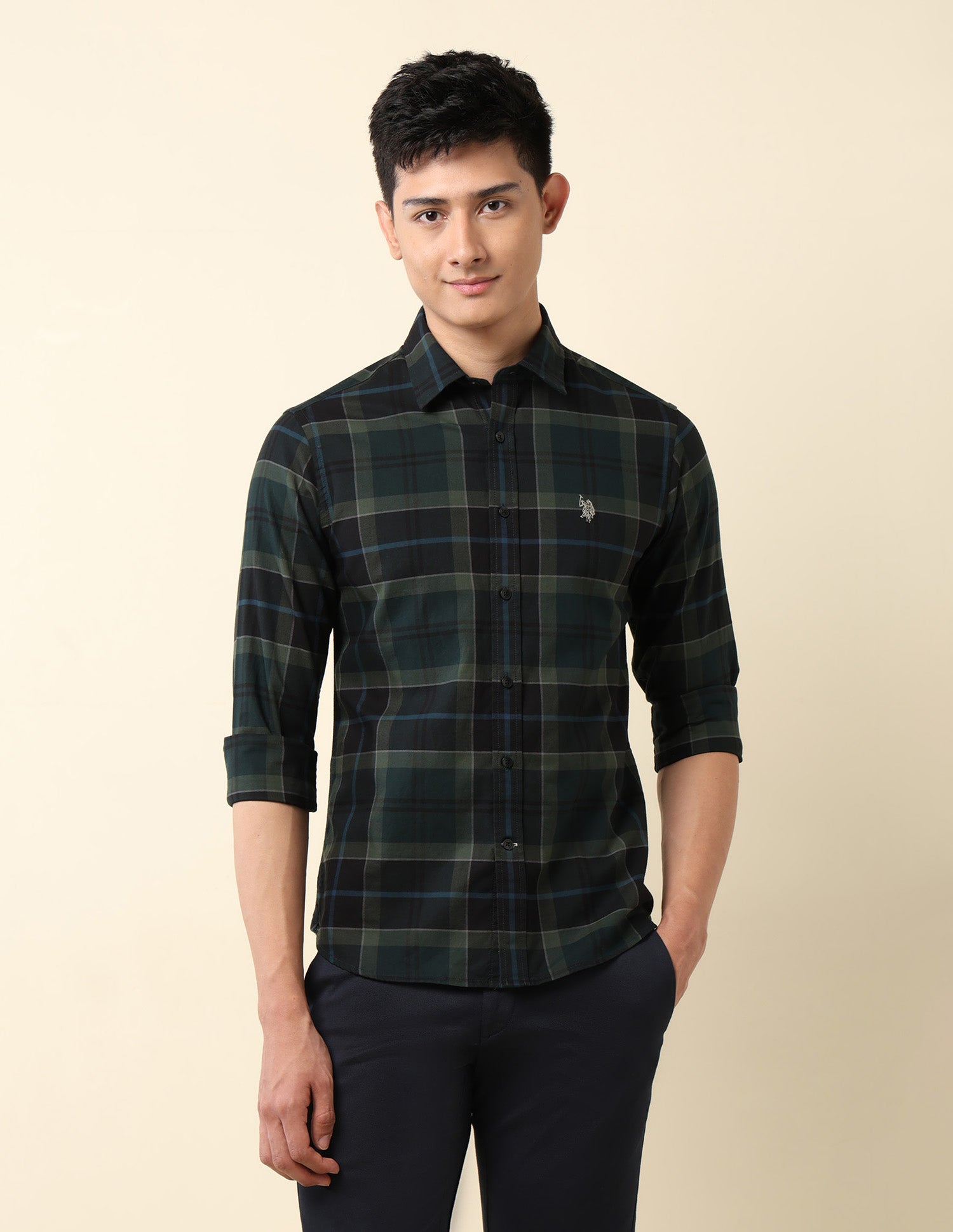 Pure Cotton Tailored Fit Dobby Shirt Dark Green - U.S. Polo Assn. India | Large