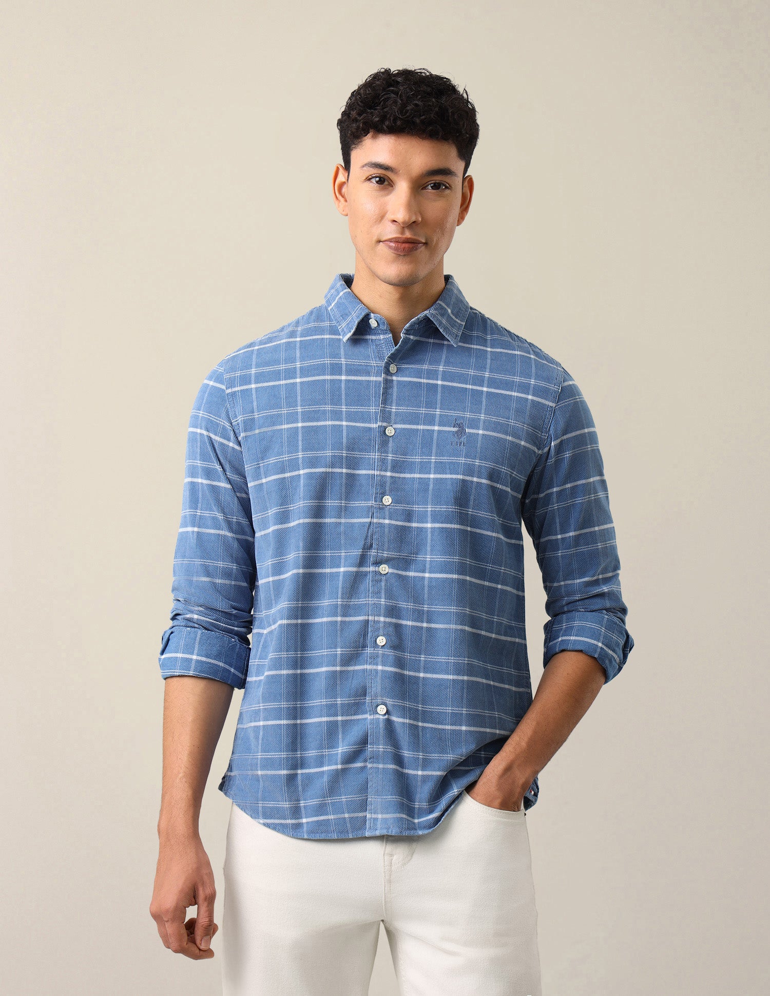 Corduroy Grid Tattersall Checked Shirt Light Indigo - U.S. Polo Assn. India | Large