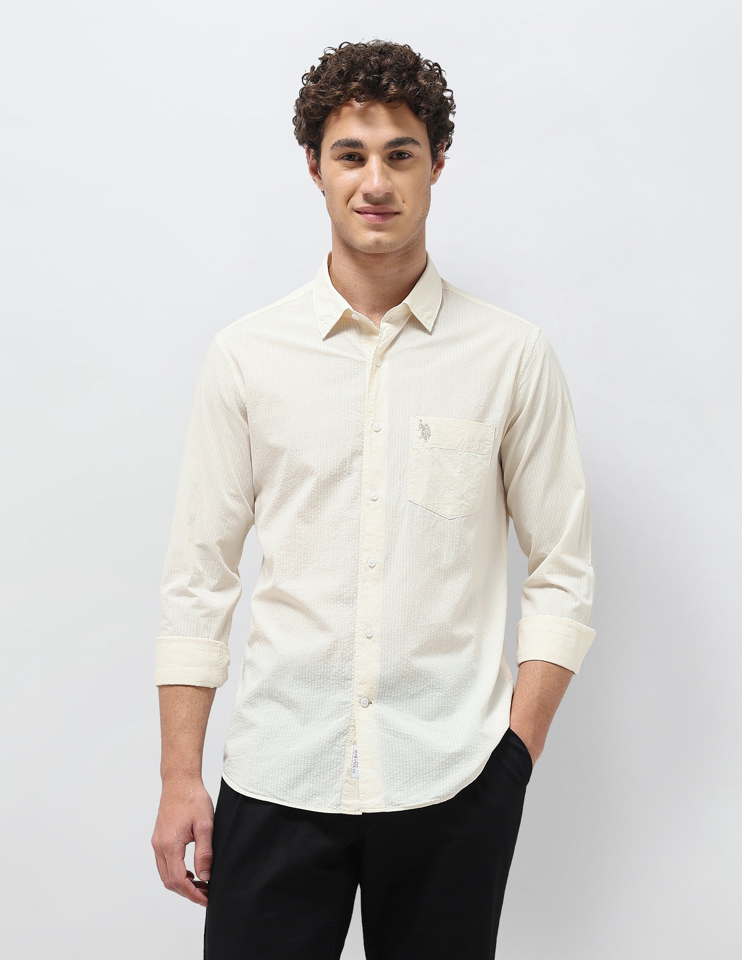 Regular Fit Seersucker Shirt Ivory - U.S. Polo Assn. India | Large