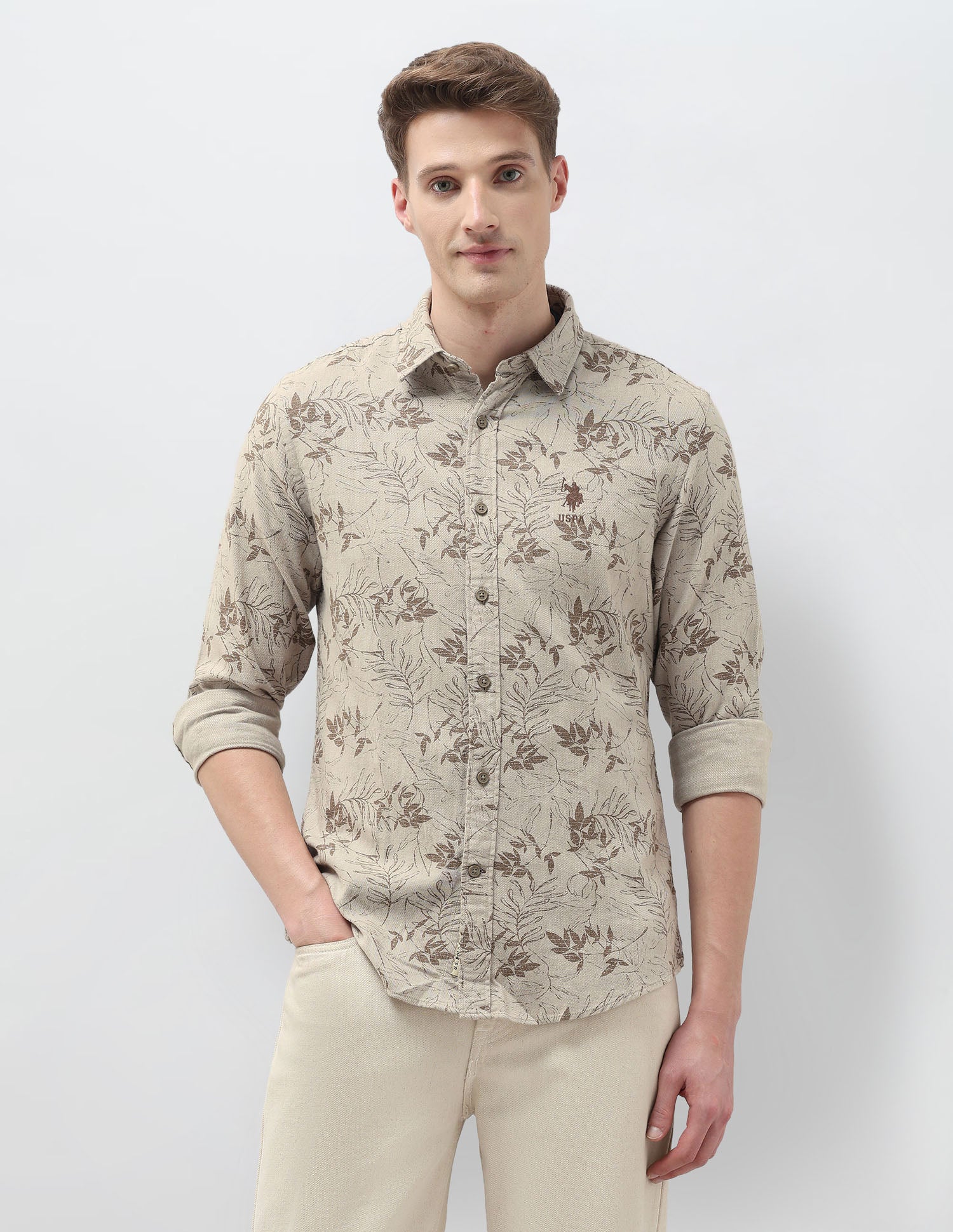 Tropical Printed Regular Fit Shirt Light Khaki - U.S. Polo Assn. India | Large