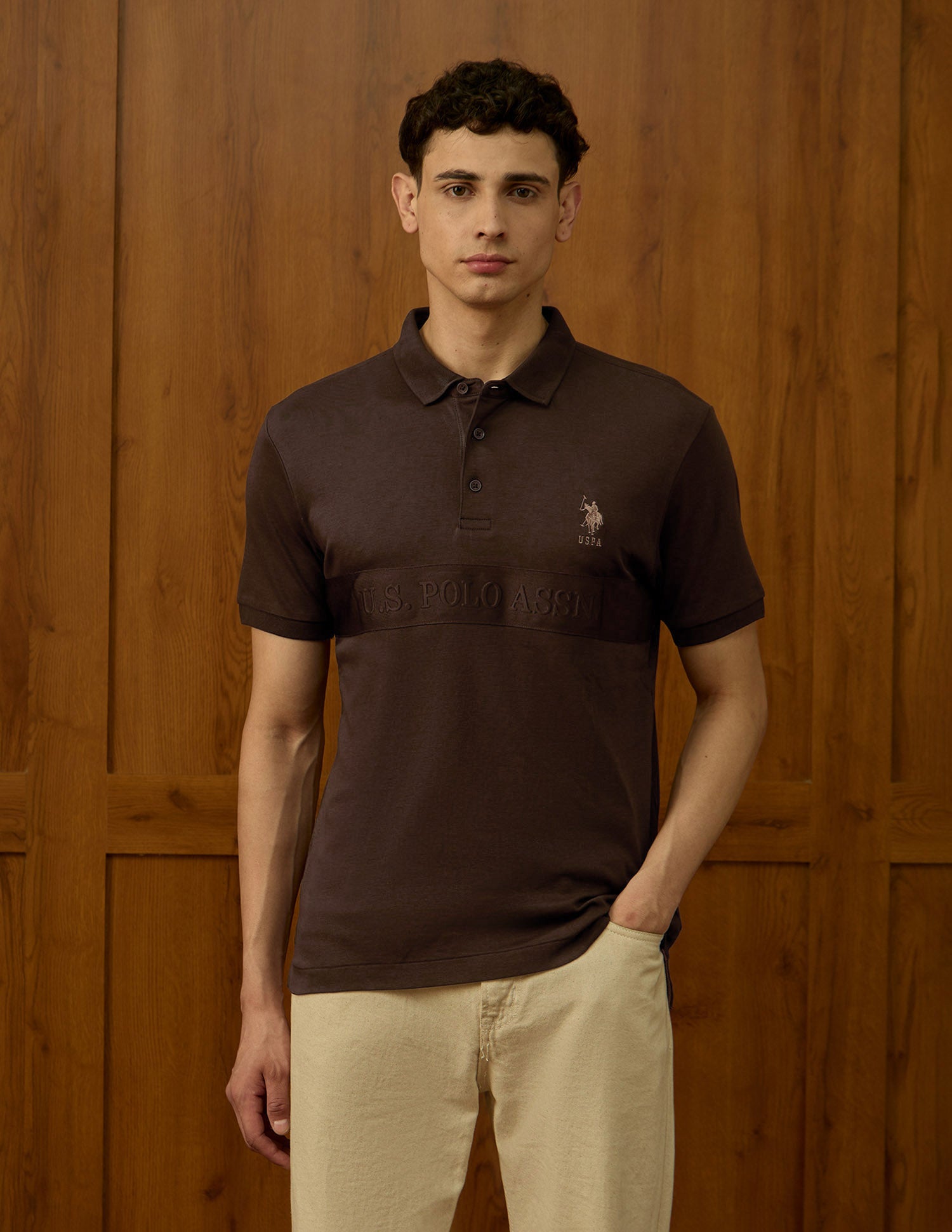 Brand Embroidered Varsity Polo Shirt Dark Brown - U.S. POLO ASSN. | Large