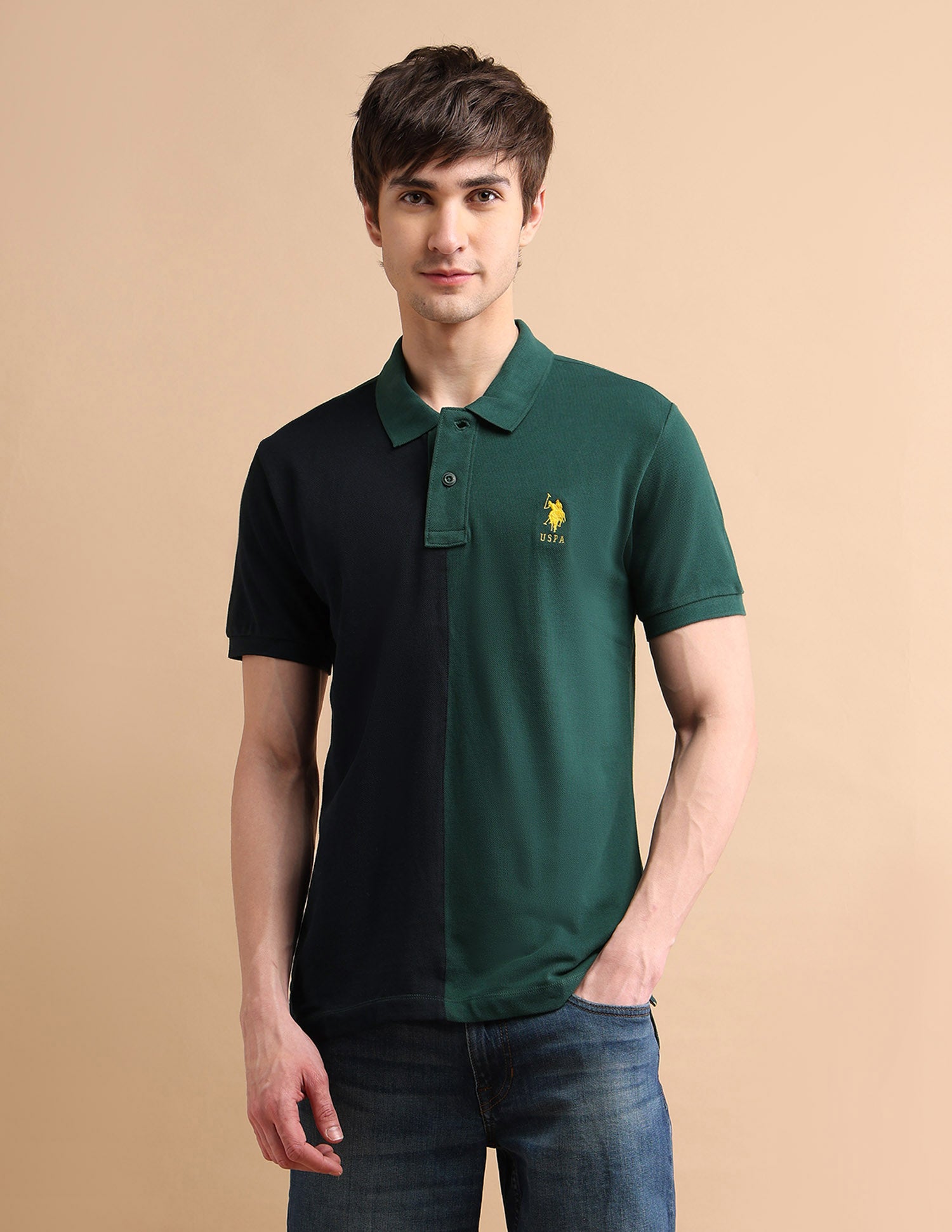 Colour Block Polo Shirt Dark Green and Navy - U.S. POLO ASSN. | Large