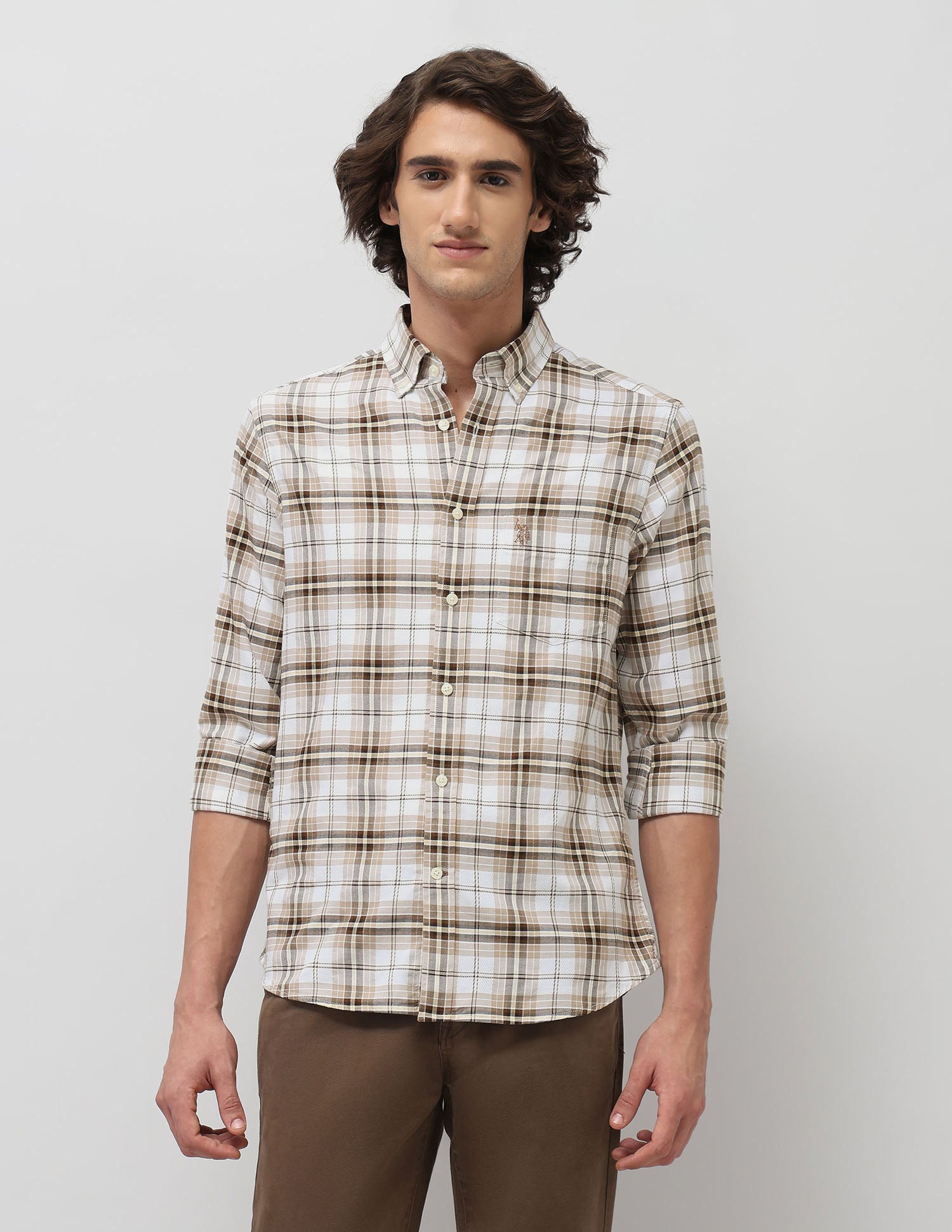 Plaid Checked Tailored Fit Shirt Beige - U.S. POLO ASSN. | Large
